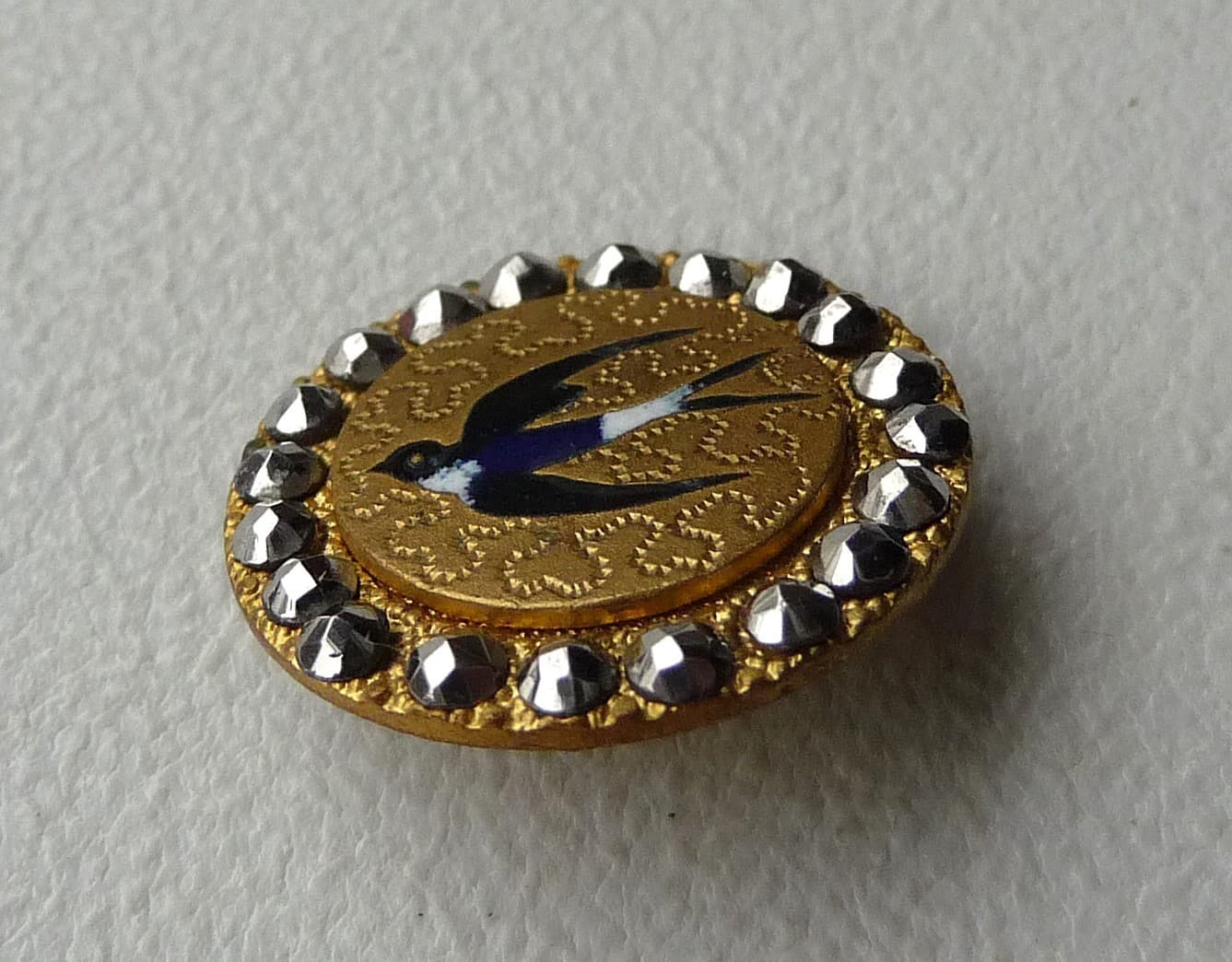 ANTIQUE ENAMEL BUTTON SWALLOW BIRD in FLIGHT w CUT STEEL STUDS 6
