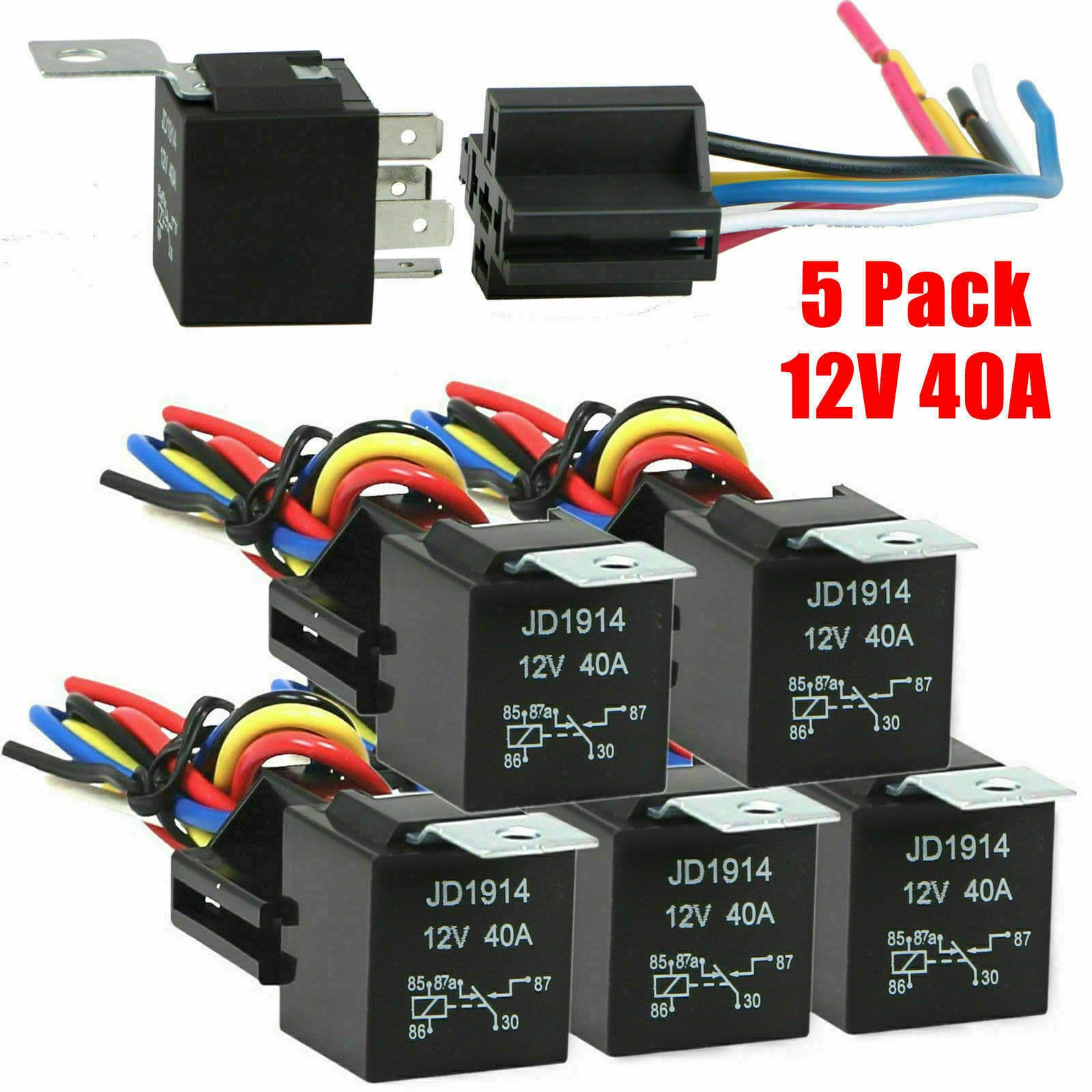 5 Pack 12V 30/40 Amp 5Pin SPST Automotive Relay with Wires & Harness Socket Set 2