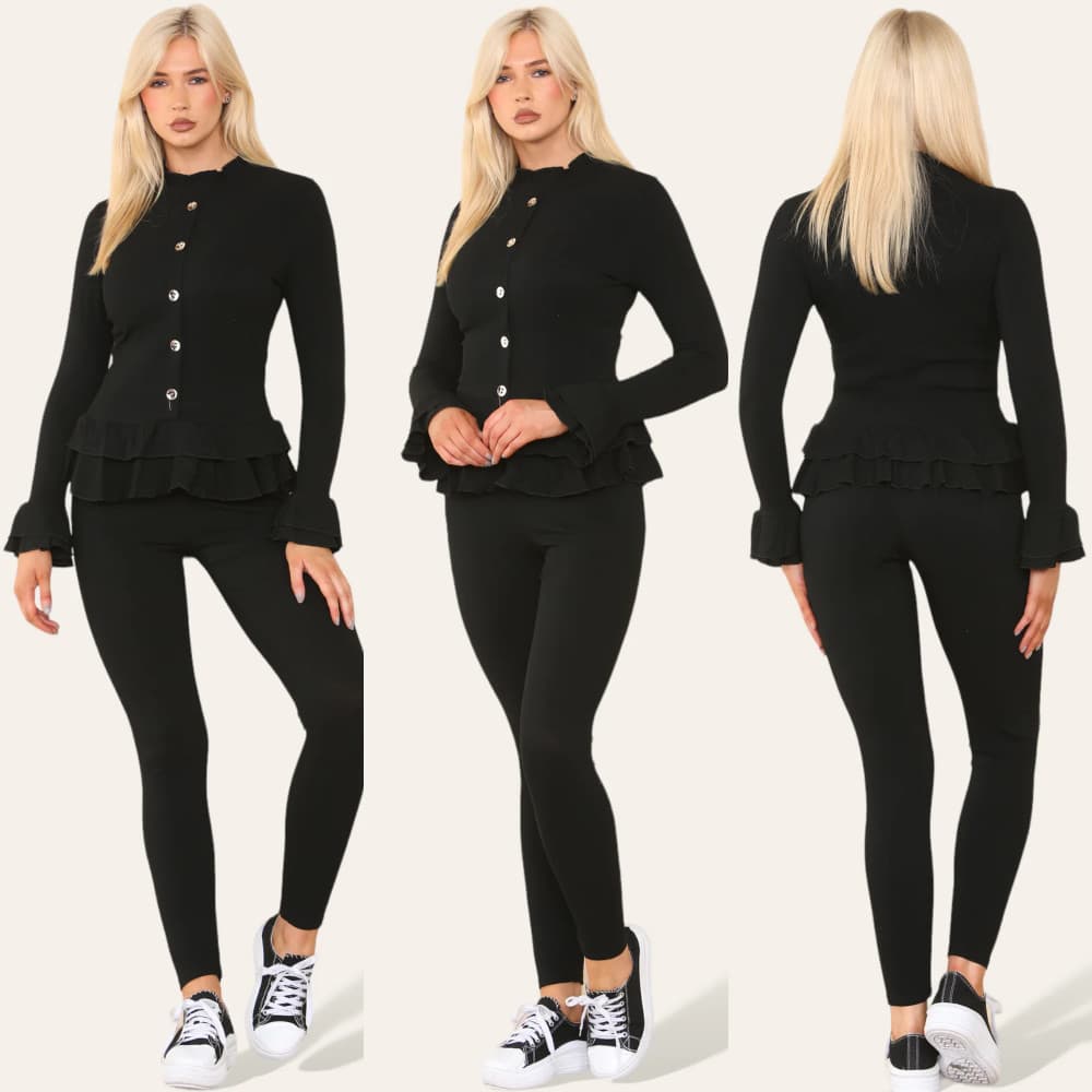 Womens Gold Button Loungewear Suit Ladies Frill Peplum Ribbed Knit Tracksuit Set 2