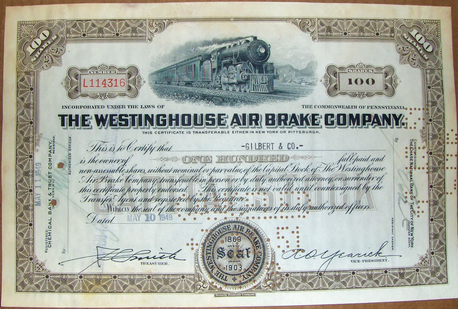 Stock certificate Westinghouse Air Brake Comp. Pennsylvania 100 shares, 1940's
