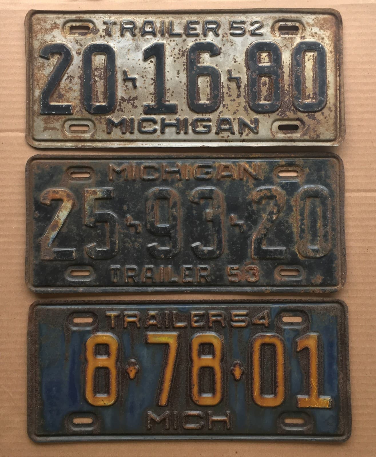 3 Vintage Michigan Trailer License Plates 1952 1953 1954