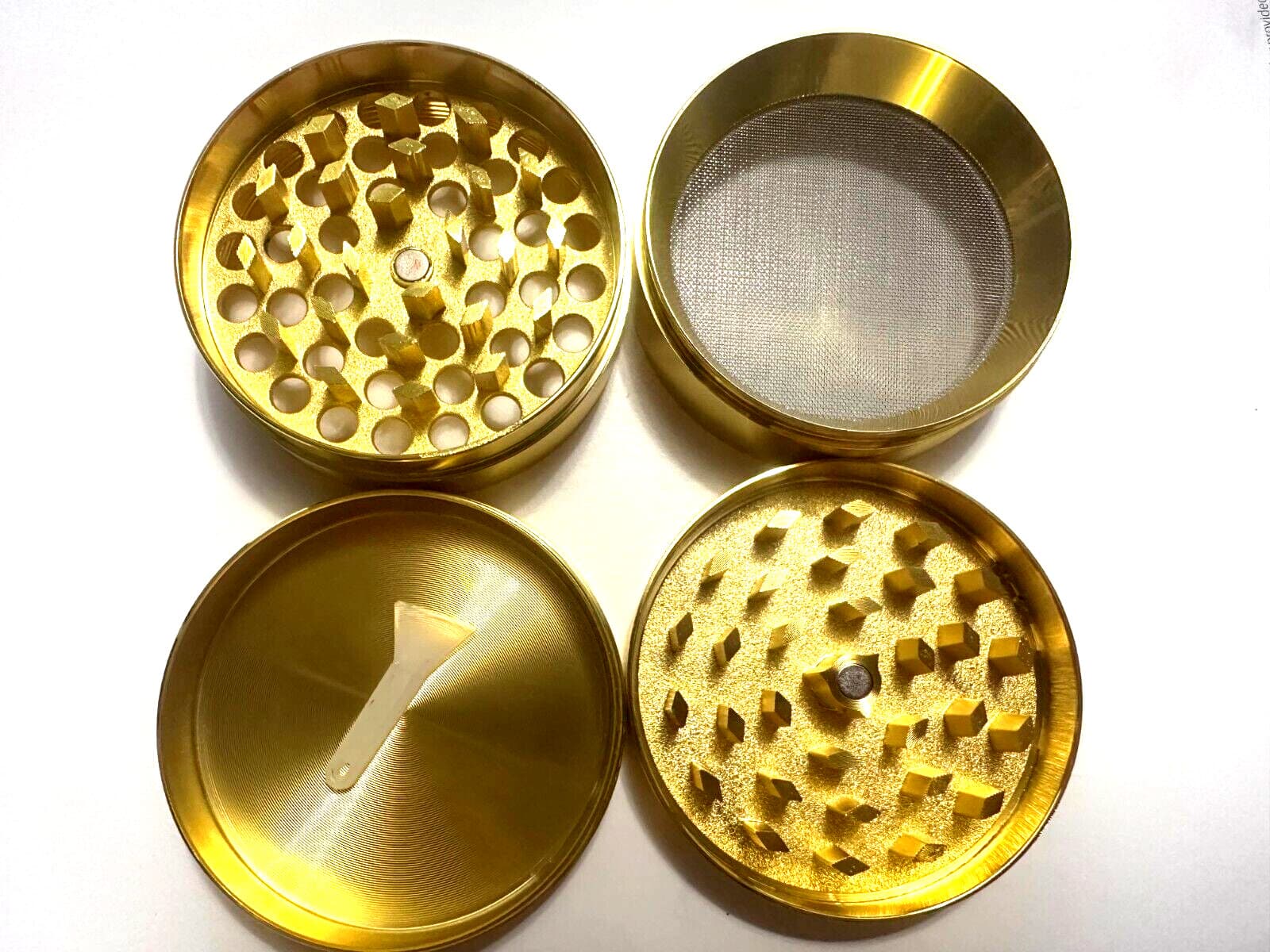 4-Piece 2.5in Spice Herb Grinder Metal Herb/Spice Grinder 45 Sharp Gold 2-in-1