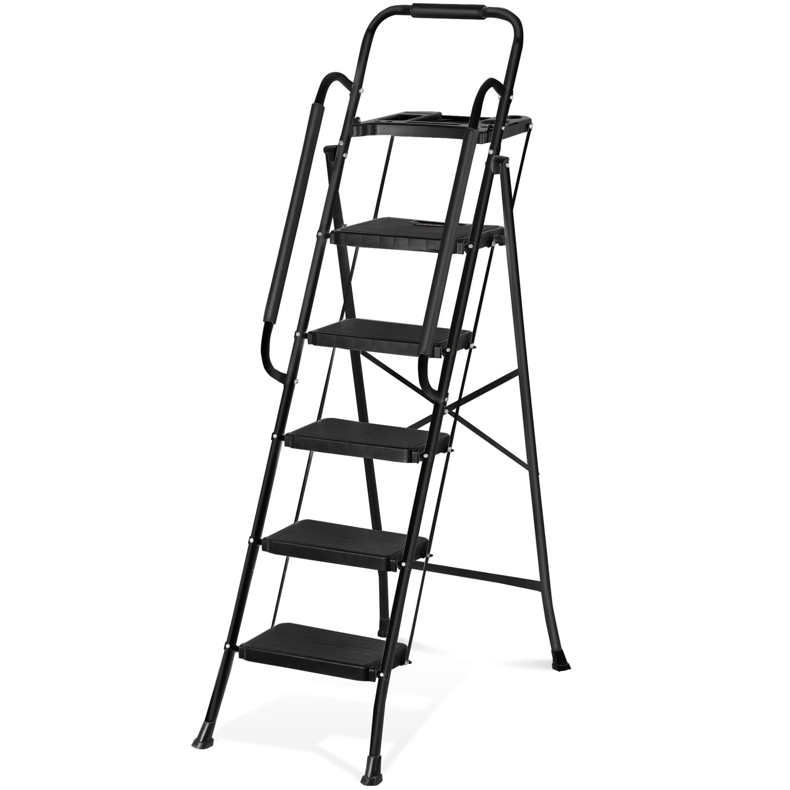5 Step Ladder w/Tool Tray Folding Step Stool Wide Anti-Slip Pedal Handgrip Black