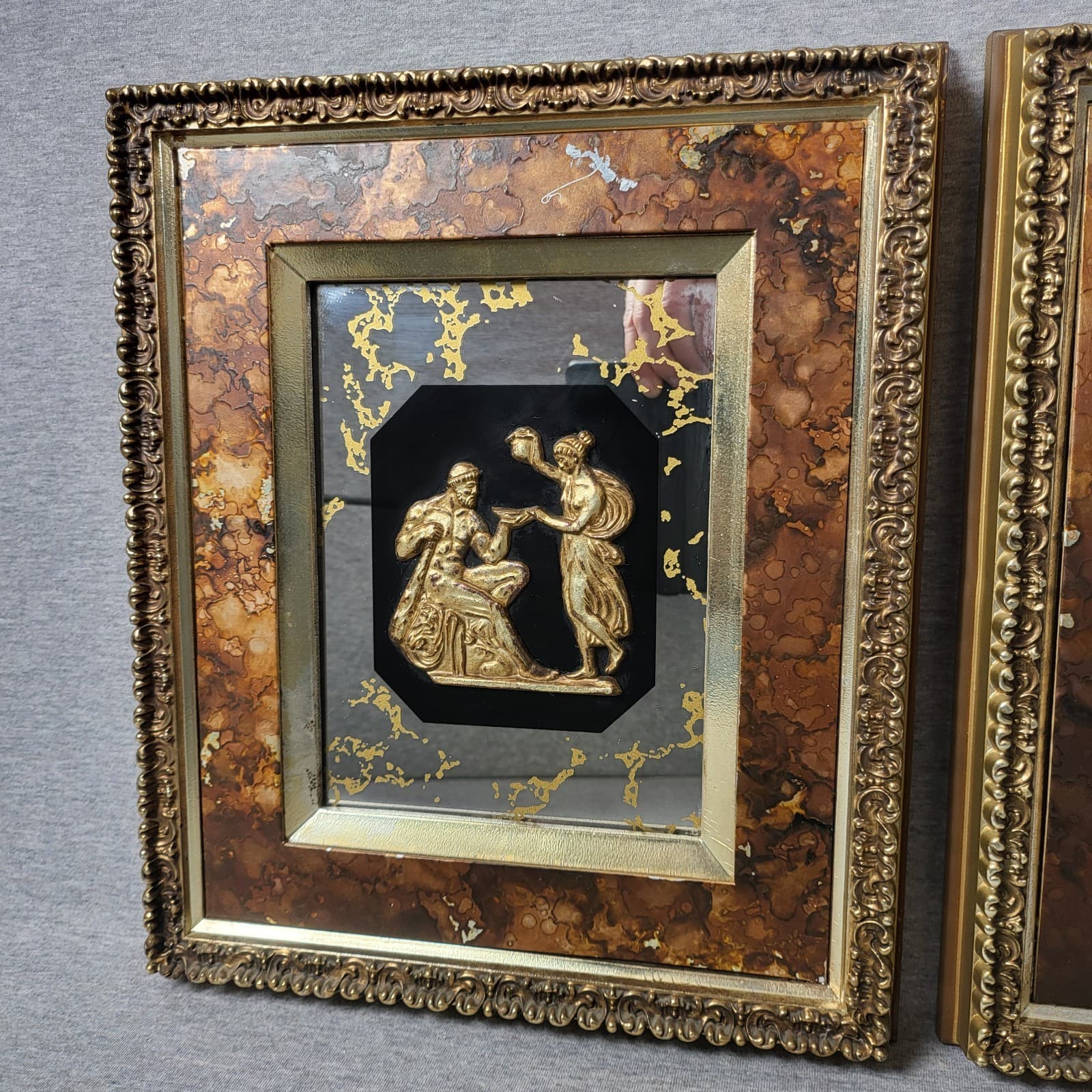 2 MCM Vintage Turner Wall Accessory Relief Plaques Gold Figures Antiqued Mirror  3