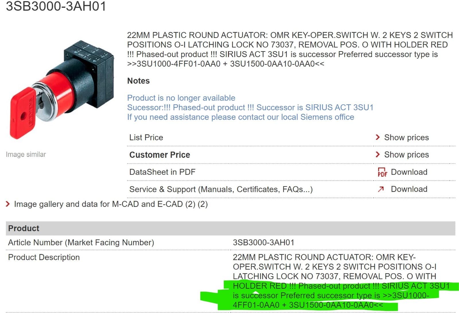 Siemens 22MM Key Switch Red Plastic Round Actuator Key-Operator NEW [A6B4] 2