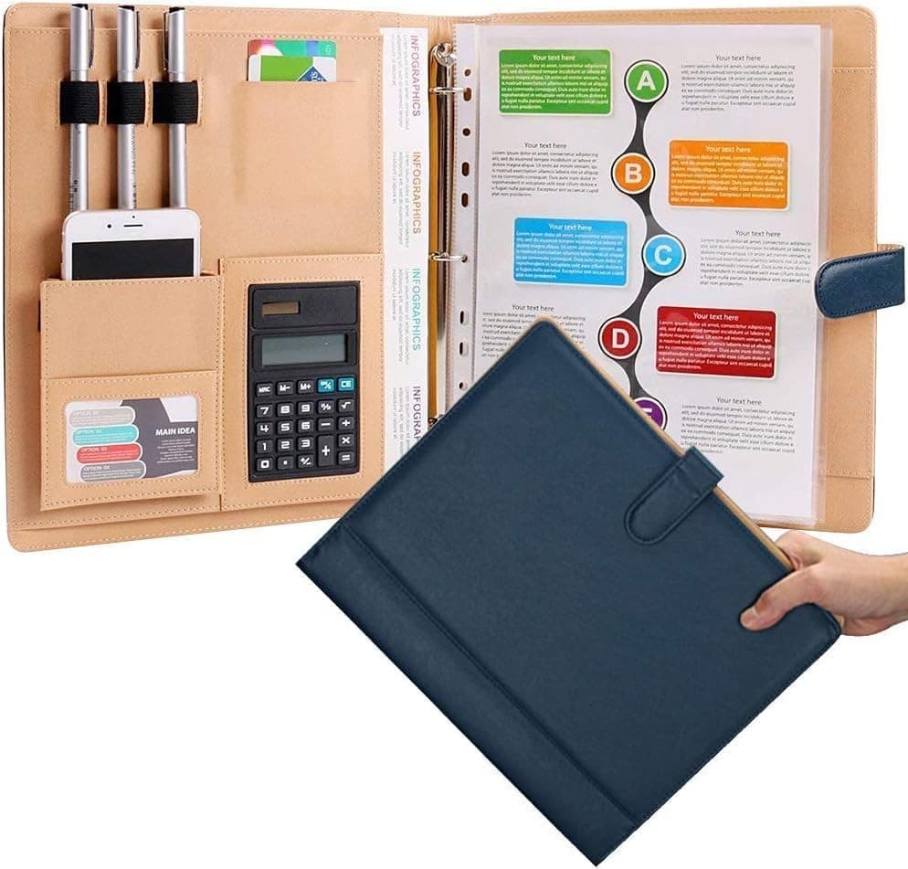A4 Leather Padfolio with 3 Ring Portfolio Binder w/Clipboard Padfolio for Office