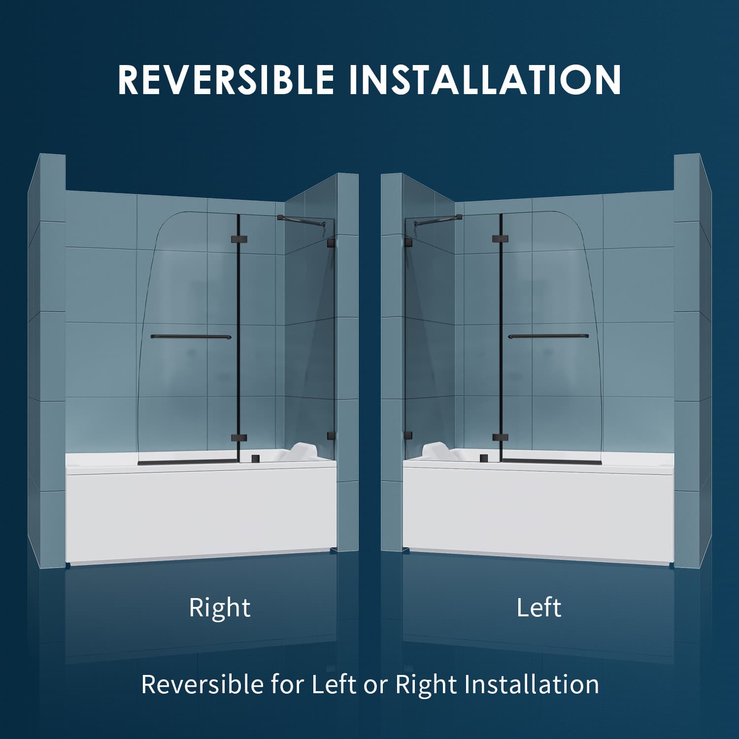 SUNNY Frameless Pivot Hinged Shower Tub Door Glass Panel Screen Black Finish 5