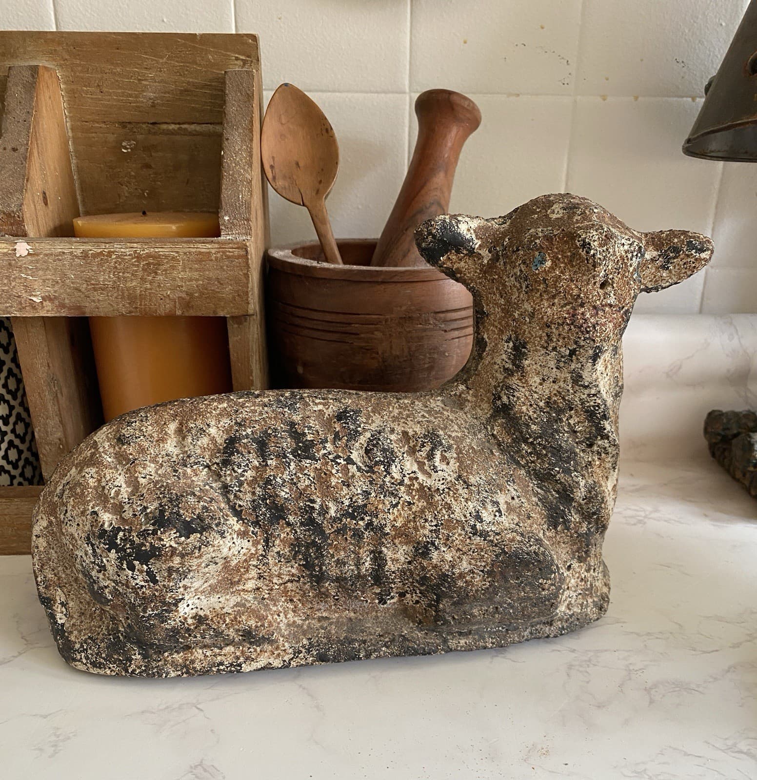 Vintage Cement Garden Lamb Sheep Great Patina Perfect Sculpture See Description 2