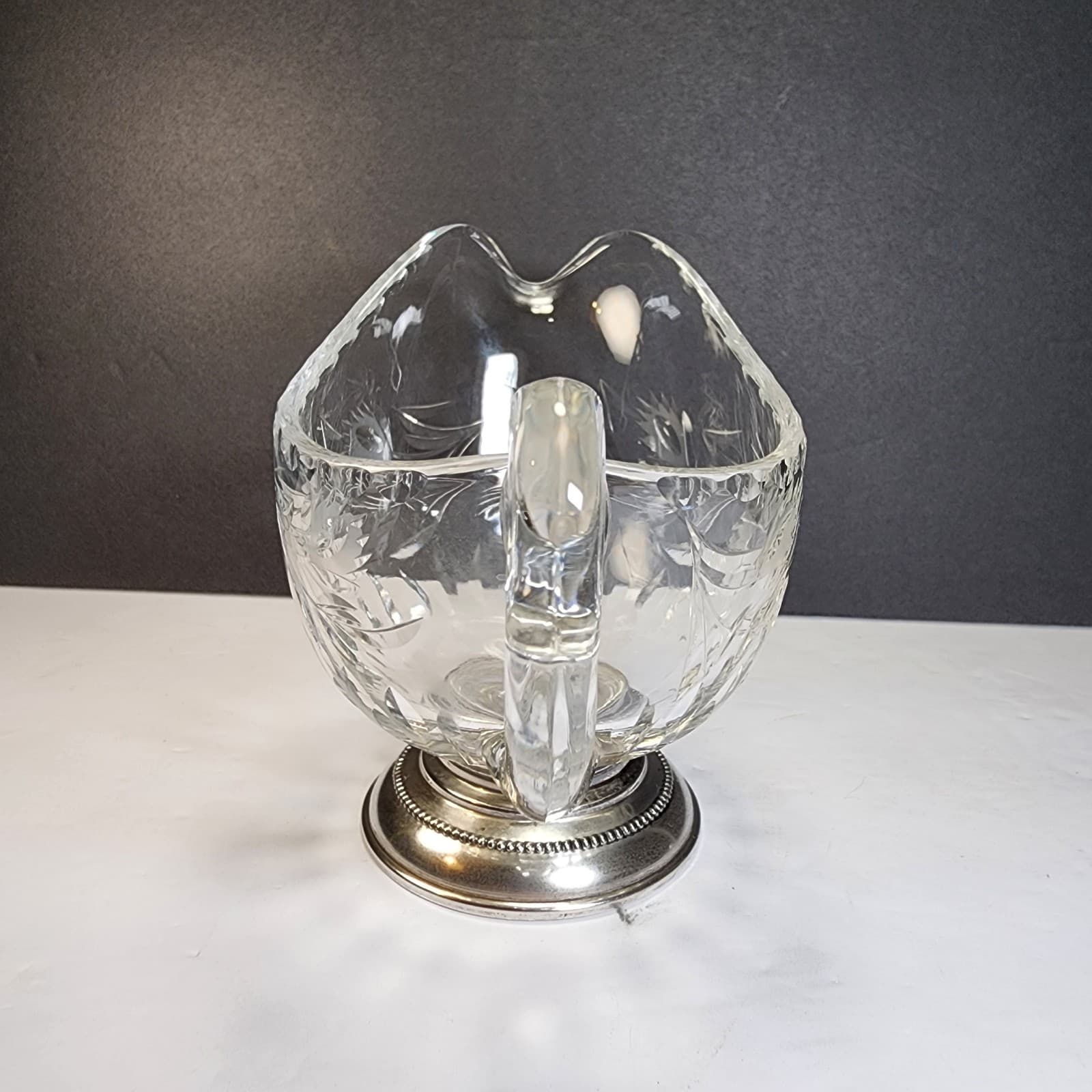 Vintage Frank M. Whiting Etched Glass Gravy Boat Sauce Dish Sterling Silver Base 2