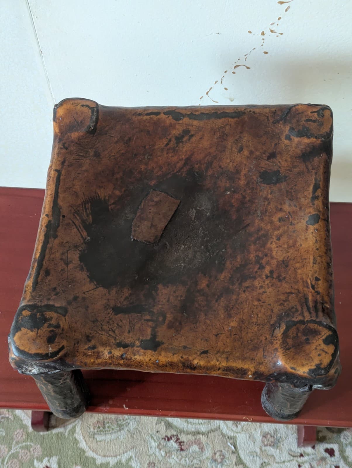 Antique Ethiopia Afar Tribe Leather Top Four Wood Legged Stool Beautiful Patina 3