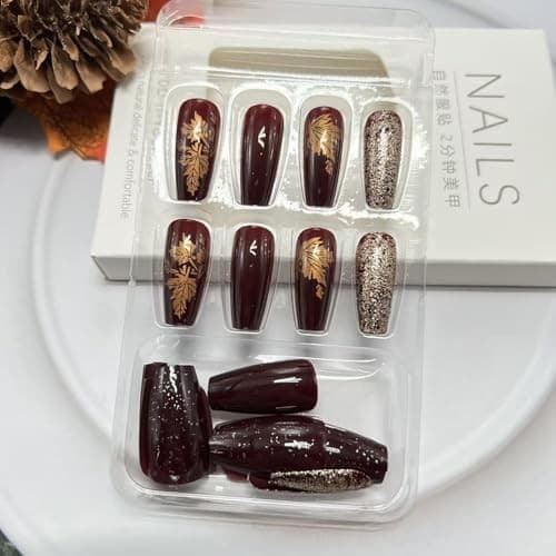 Fall Maple Leaf Press on Nails Medium Coffin Fake Nails Fall Press on Nails 1 3