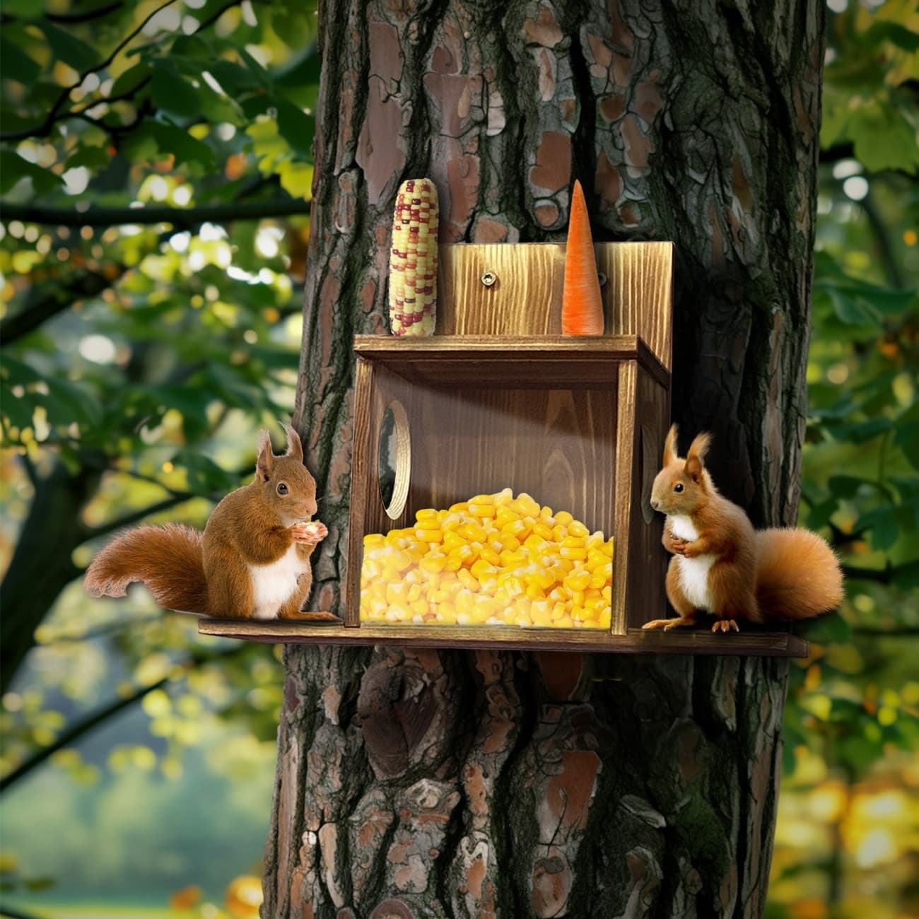 Durable Tree Wall Wooden Squirrel Feeder Pine Wood Feeding House w/ Food Storage 2