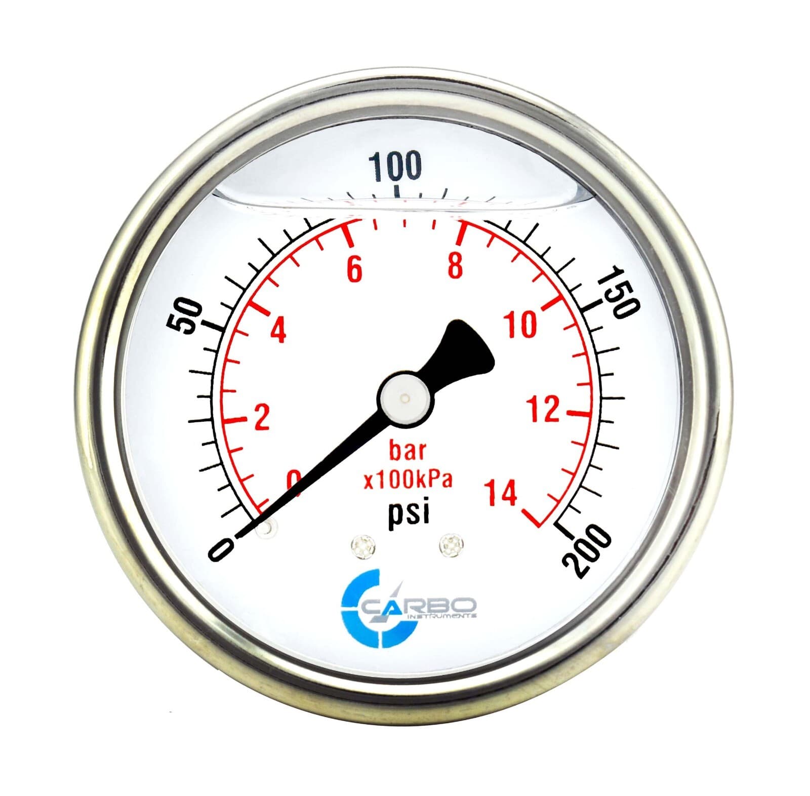 2" Pressure Gauge, Stainless Steel Case, Liquid Filled, Back Mnt, 200 Psi