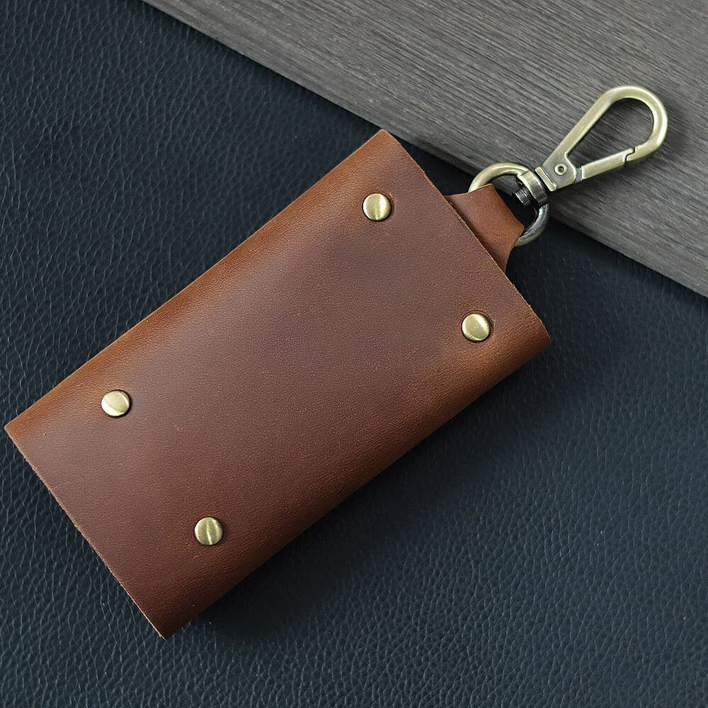 LEATHER Car Key Chain Ring Keys Holder Pouch Case Wallet Organizer Bag Brown NEW 3