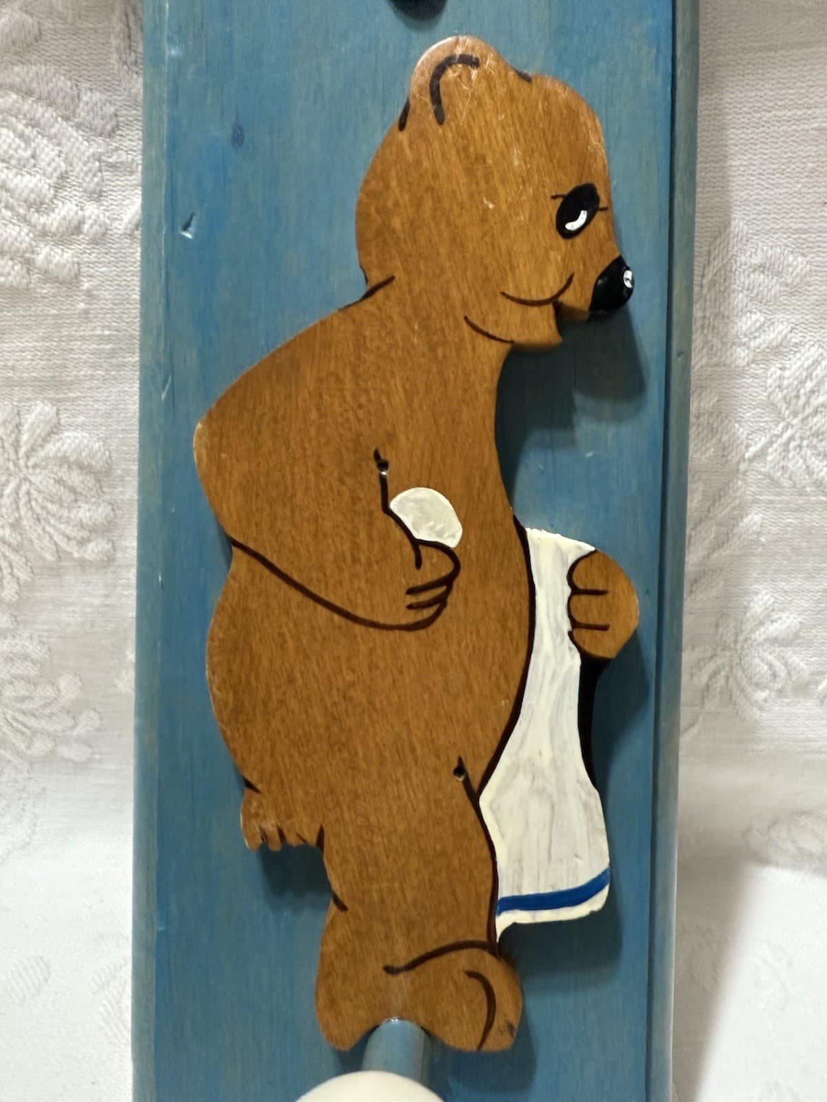 1984Bearwoods Studio-Handmade Wood Cut Out Brown Bear/Blue Wall Plaque-Coat Hook 2