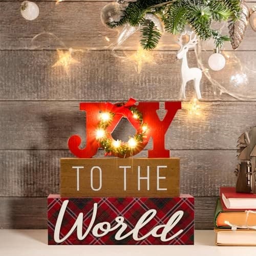 Christmas Decorations Indoor LED Lighted JOY Sign Wooden Merry JOY to the World 3