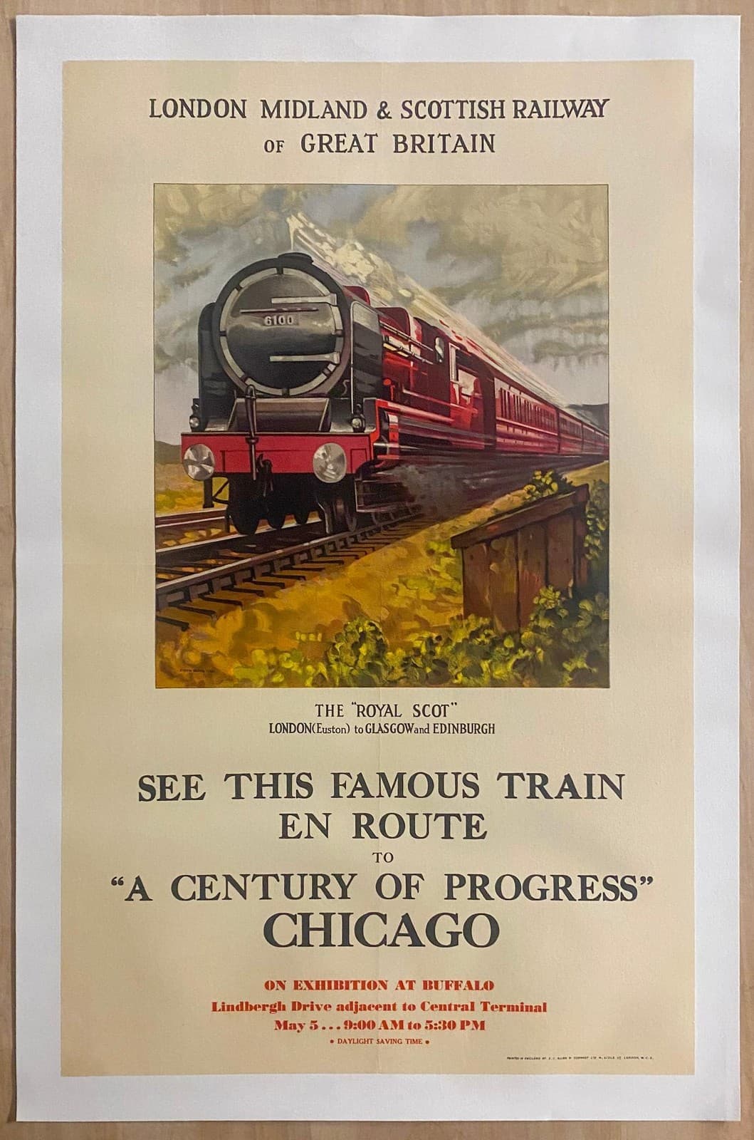 1933 Royal Scot Train Exhibition Poster Chicago World’s Fair LM&S Vintage Linen