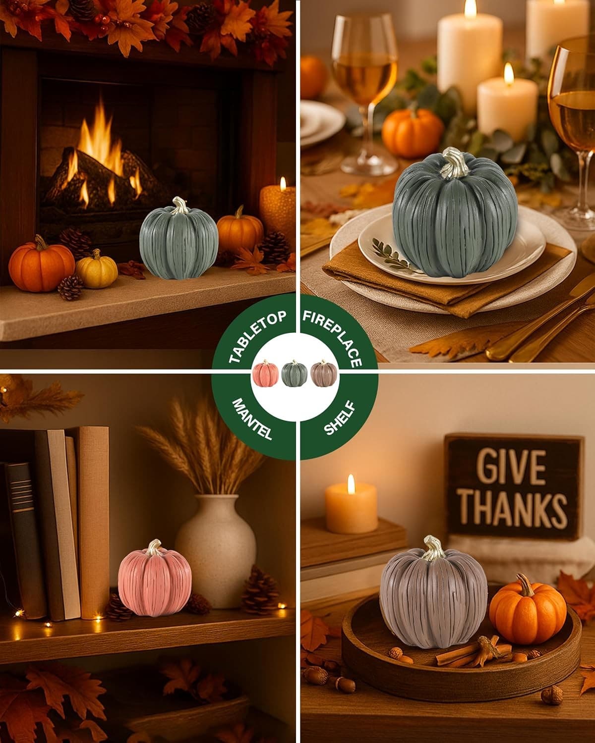 Set of 3 Mini Resin Pumpkins – Hand-Painted Fall Harvest Table Multi Color  2