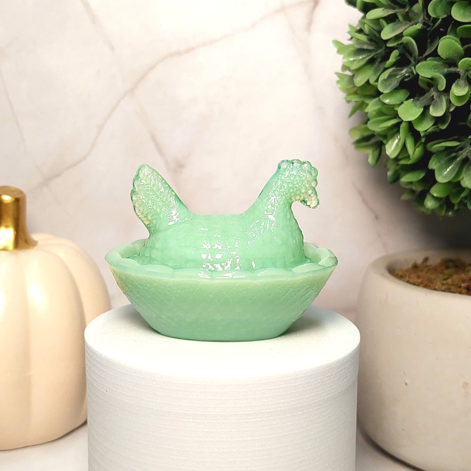 Vintage Hen On Nest Chicken Salt Cellar Dish, Jadeite Depression Style Glass 5