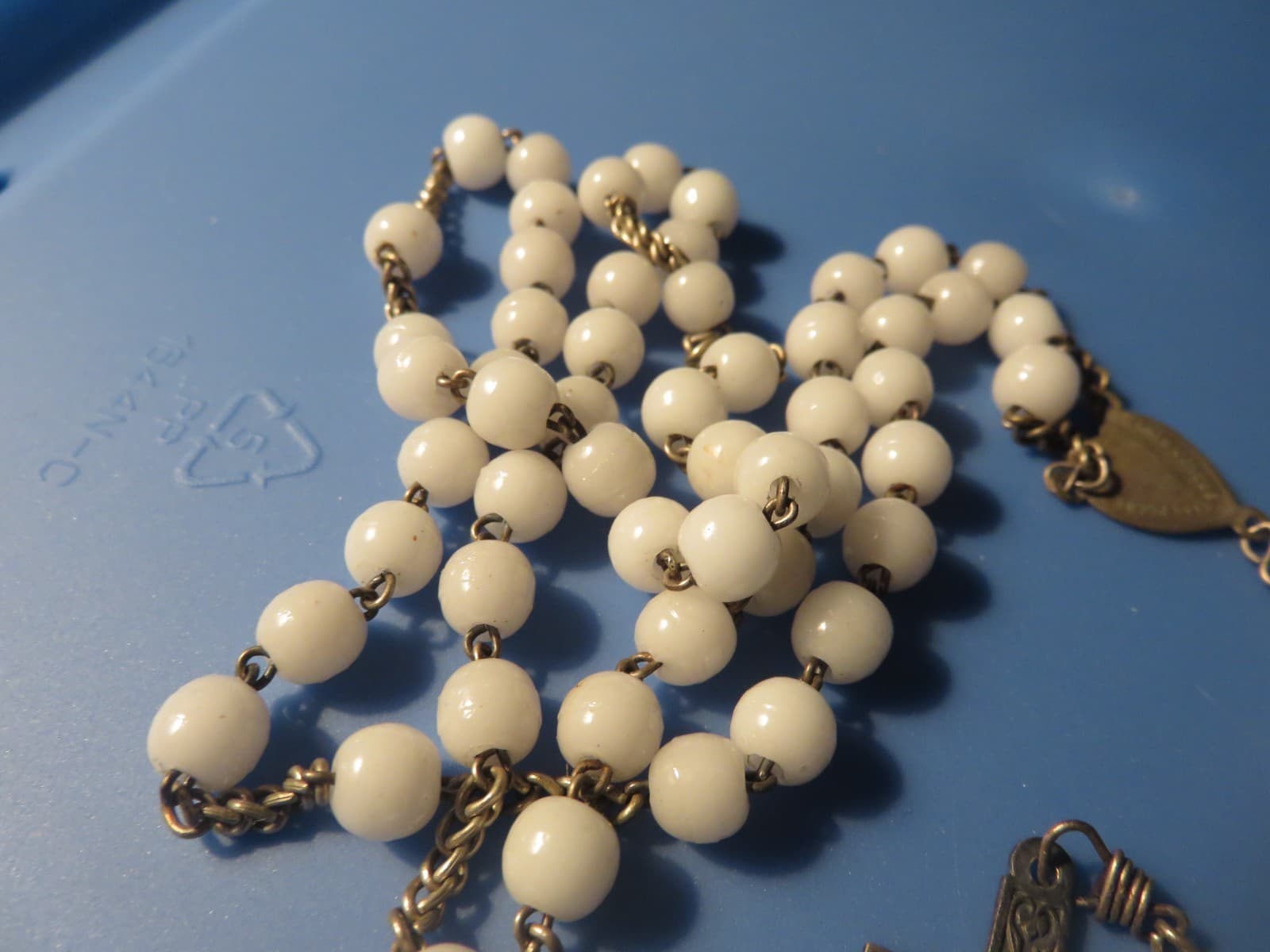 Old French Rosary White Glass Beads Virgin Mary Center Medal 5