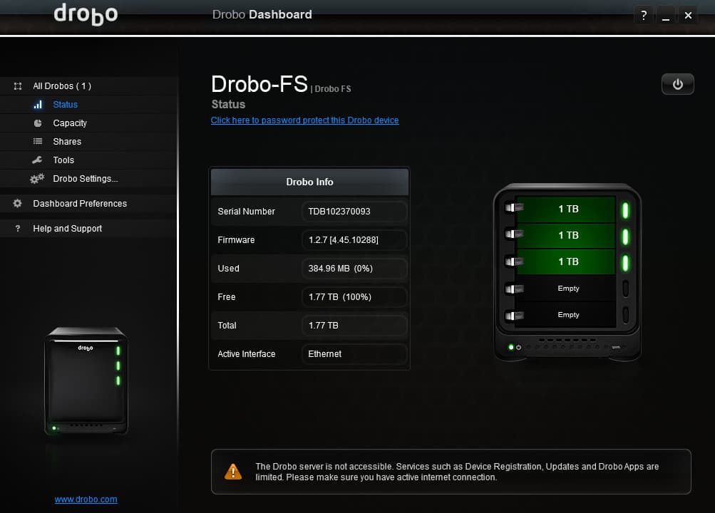 Data Robotics Drobo FS DRDS2-A Network Attached Storage w/5x 1TB Drives 5
