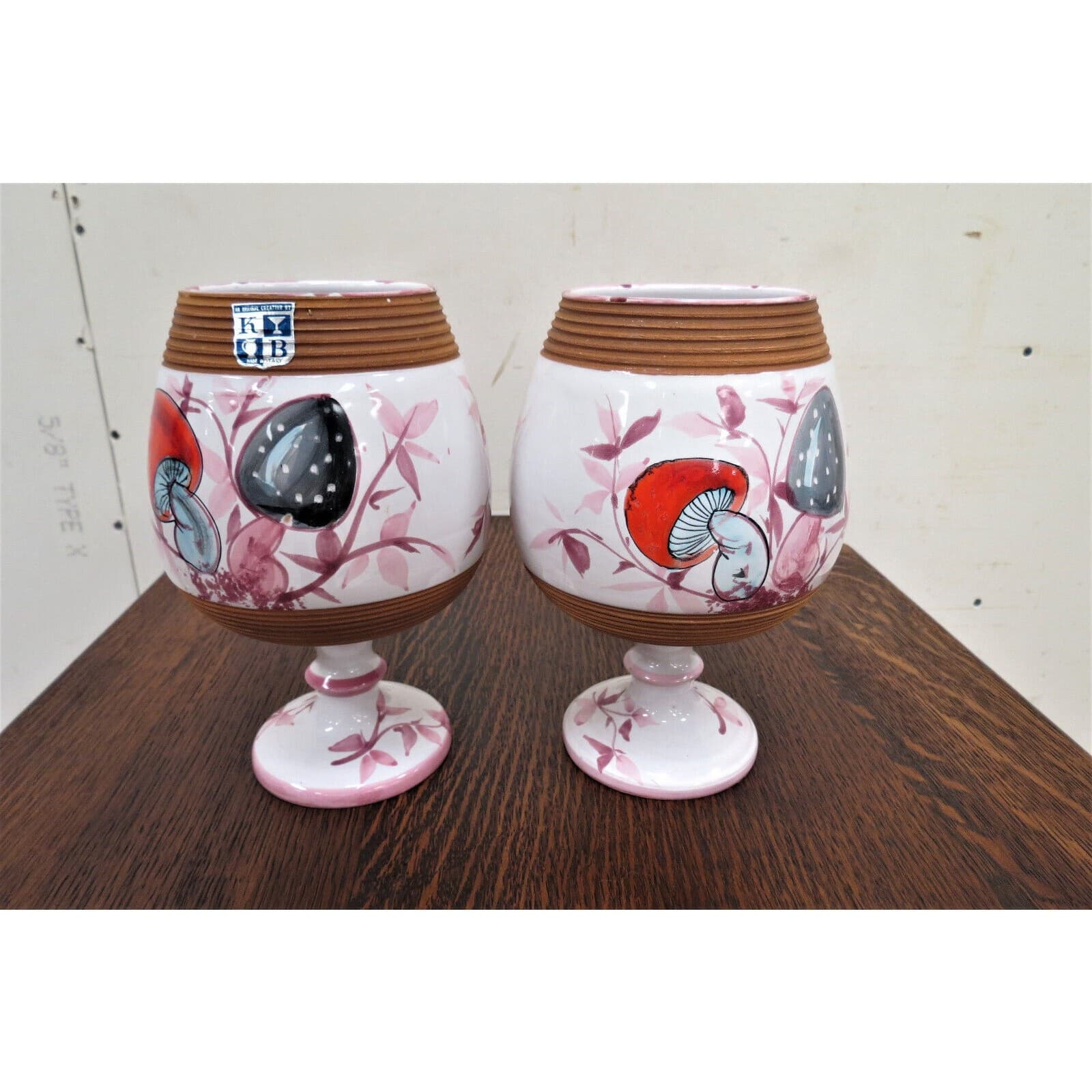 KBNY Italian Mushroom Vases - Two Large Goblets Hand Painted Italy 2