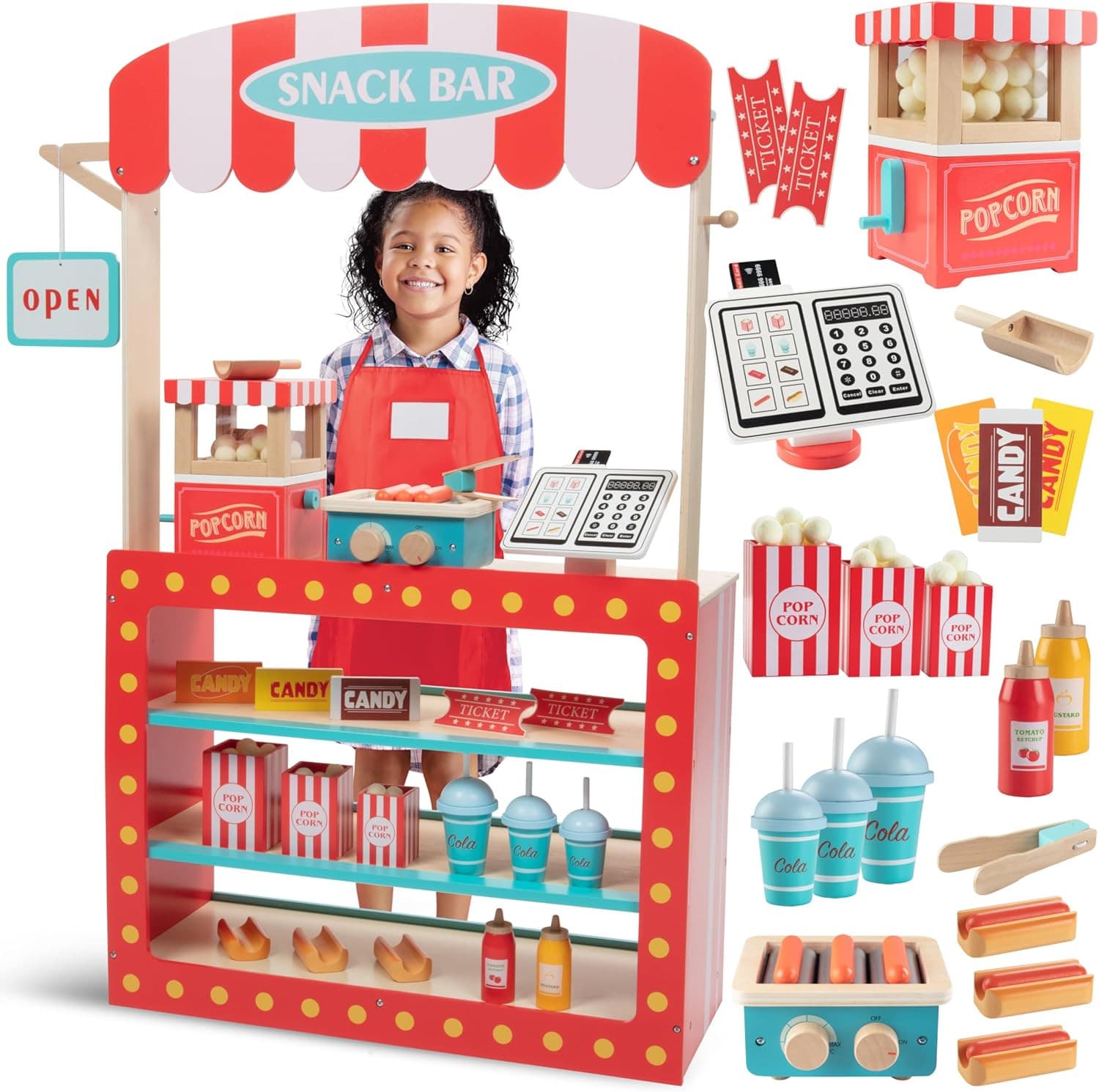 Movie Theatre Snack Bar Wooden Playset - Pretend Concession Stand Fun- Full Set