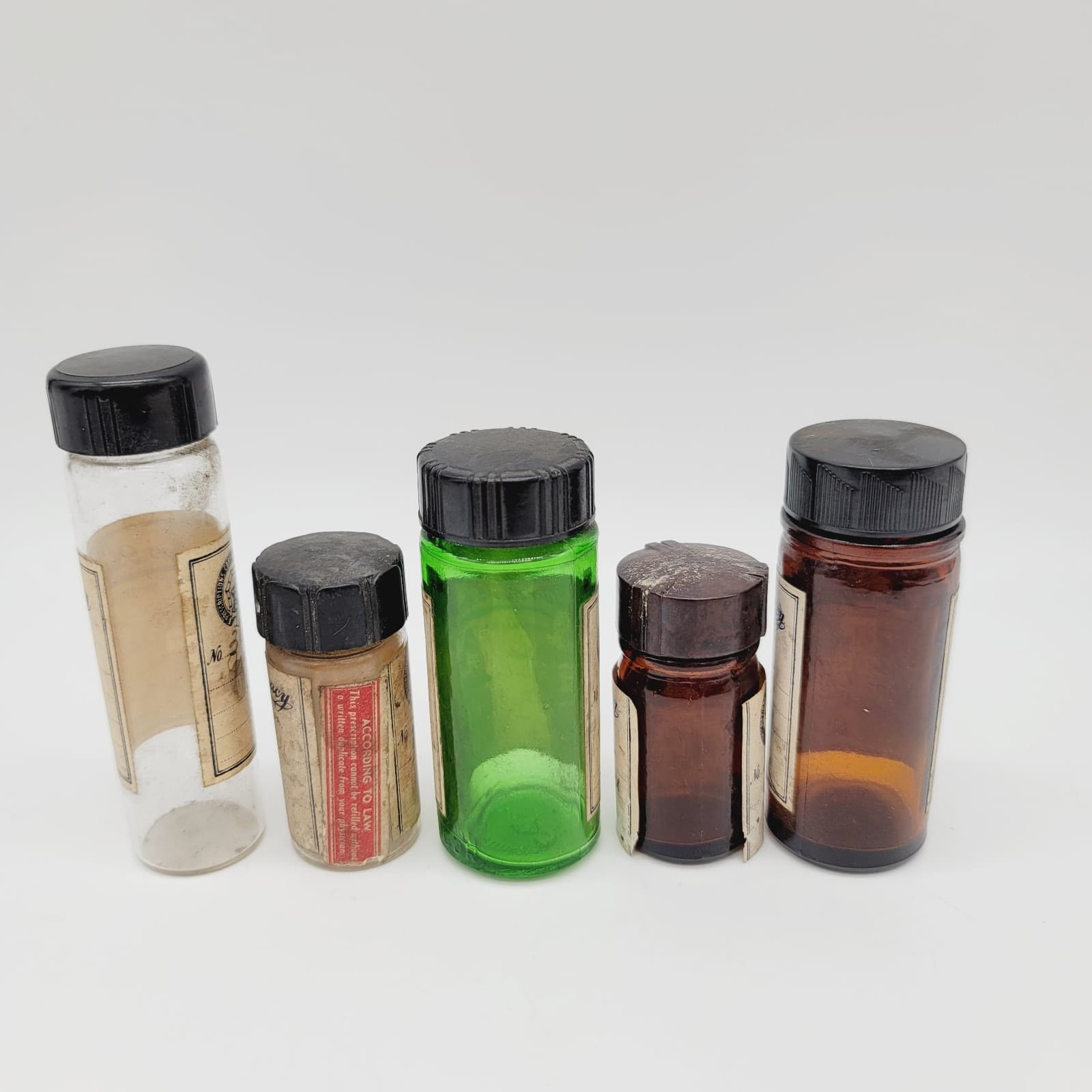 5 Vtg Glass Pharmacy RX Prescription Medication Pill Bottles 1940s Odd Fellows  3