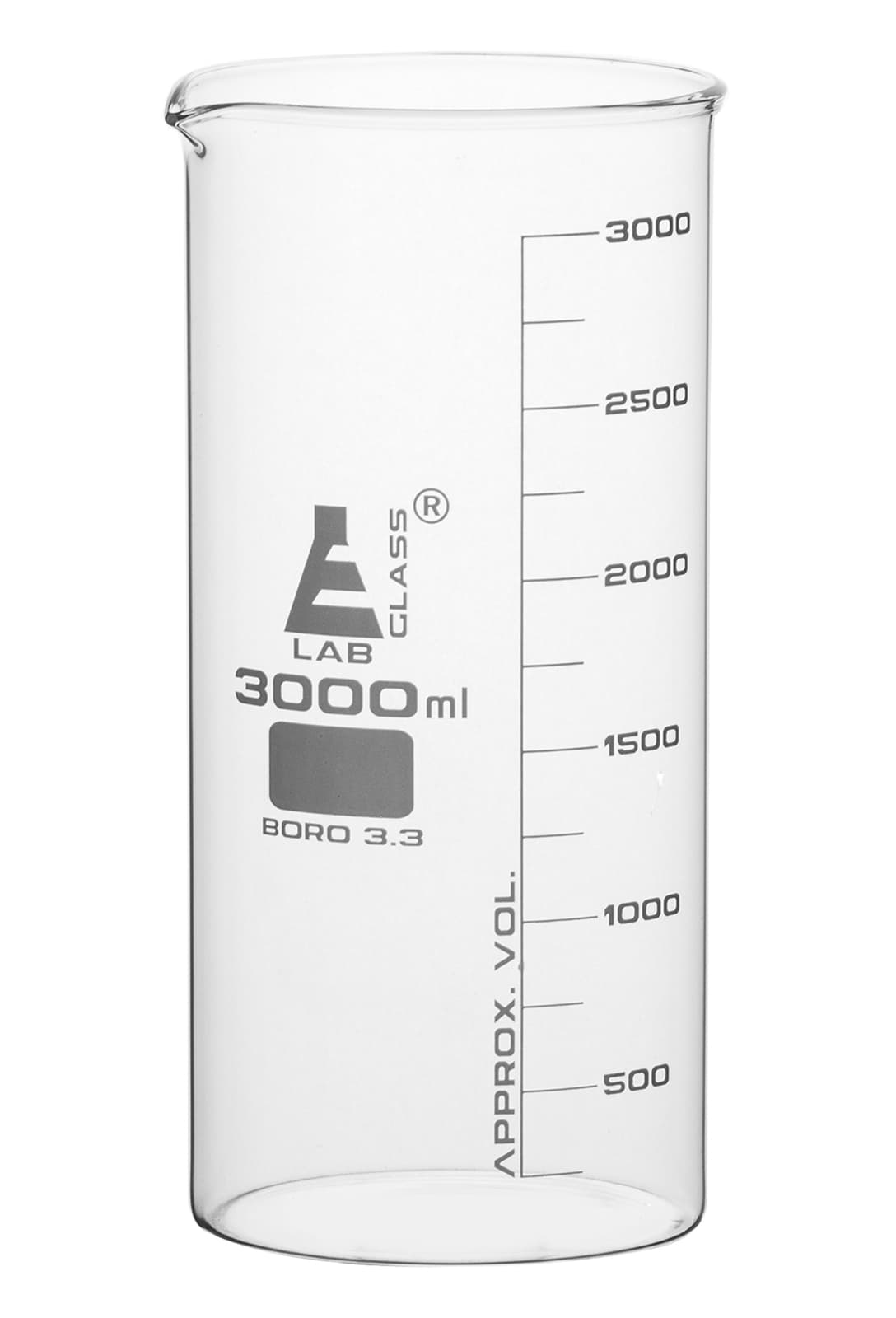 Beaker, 3000ml - Tall Form - Graduated - Borosilicate Glass - Eisco Labs
