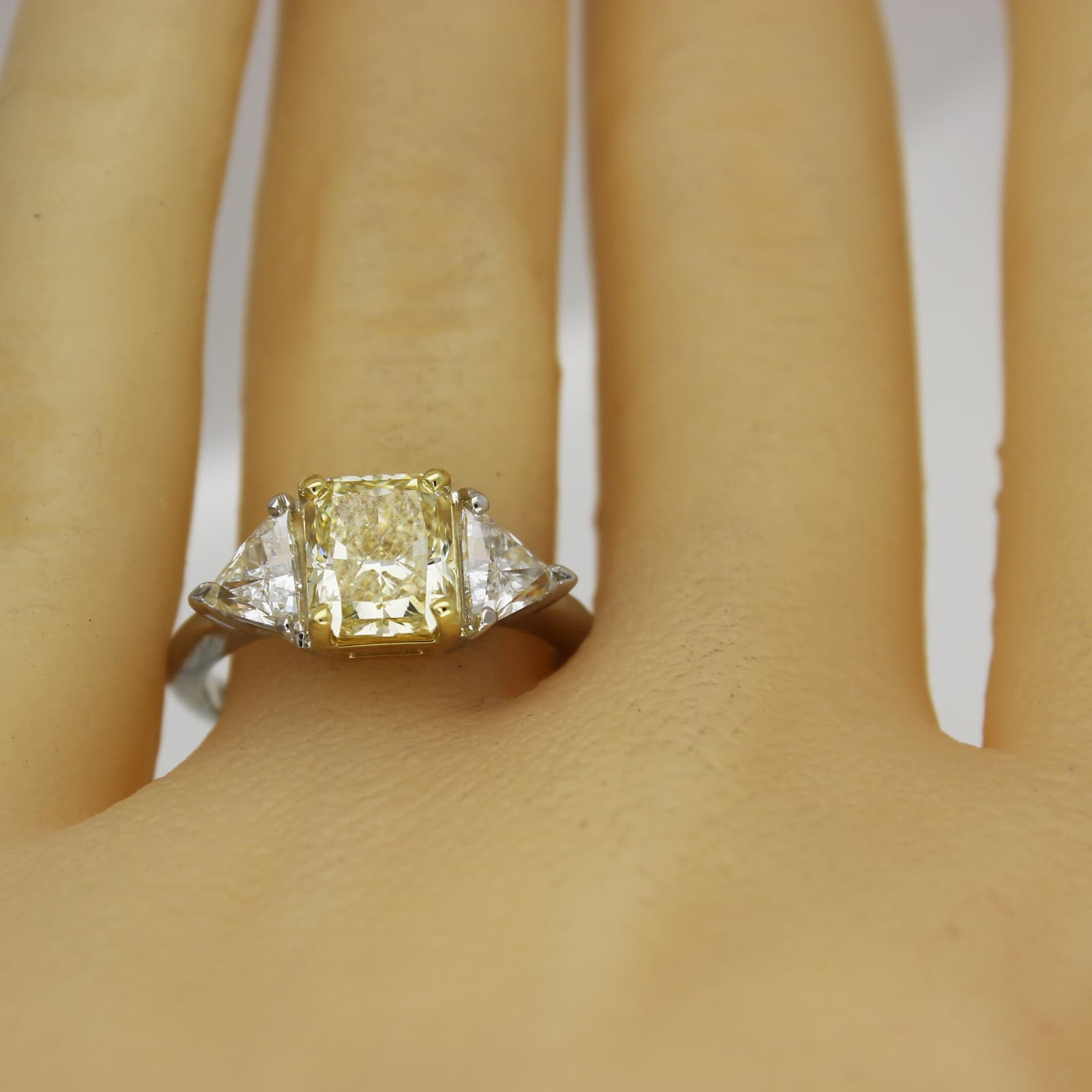 2.80 CTW Cushion & Triangle Three Stone Diamond Ring  18K Gold, GIA Certified 2