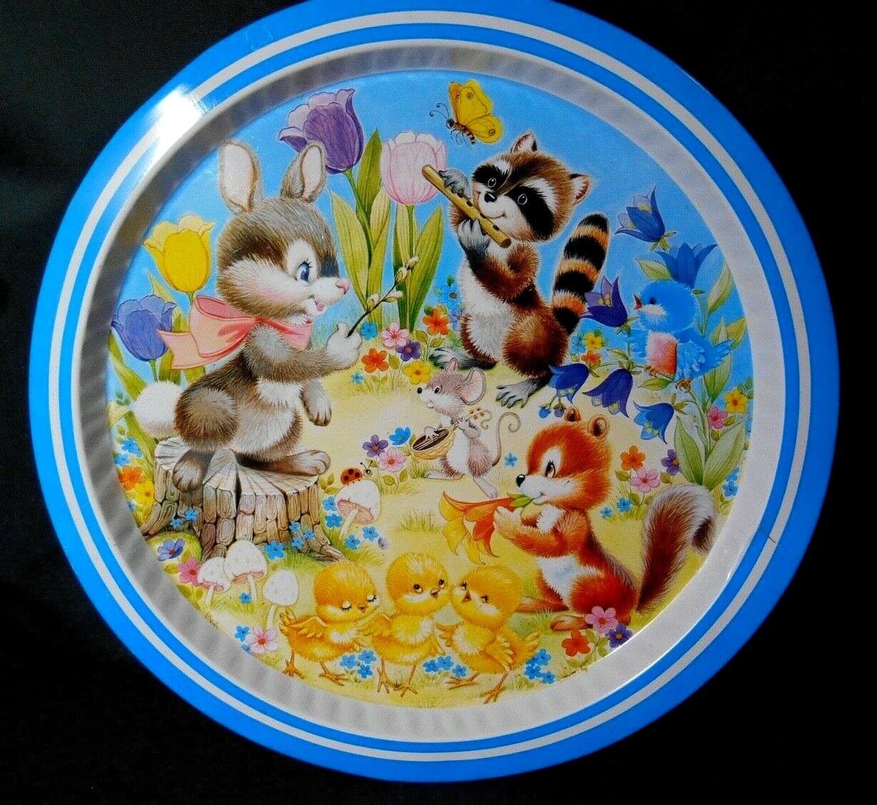 Easter Bunny Chicks Metal Serving Tray Platter Plate Spring Decor Hong Kong 1986 2