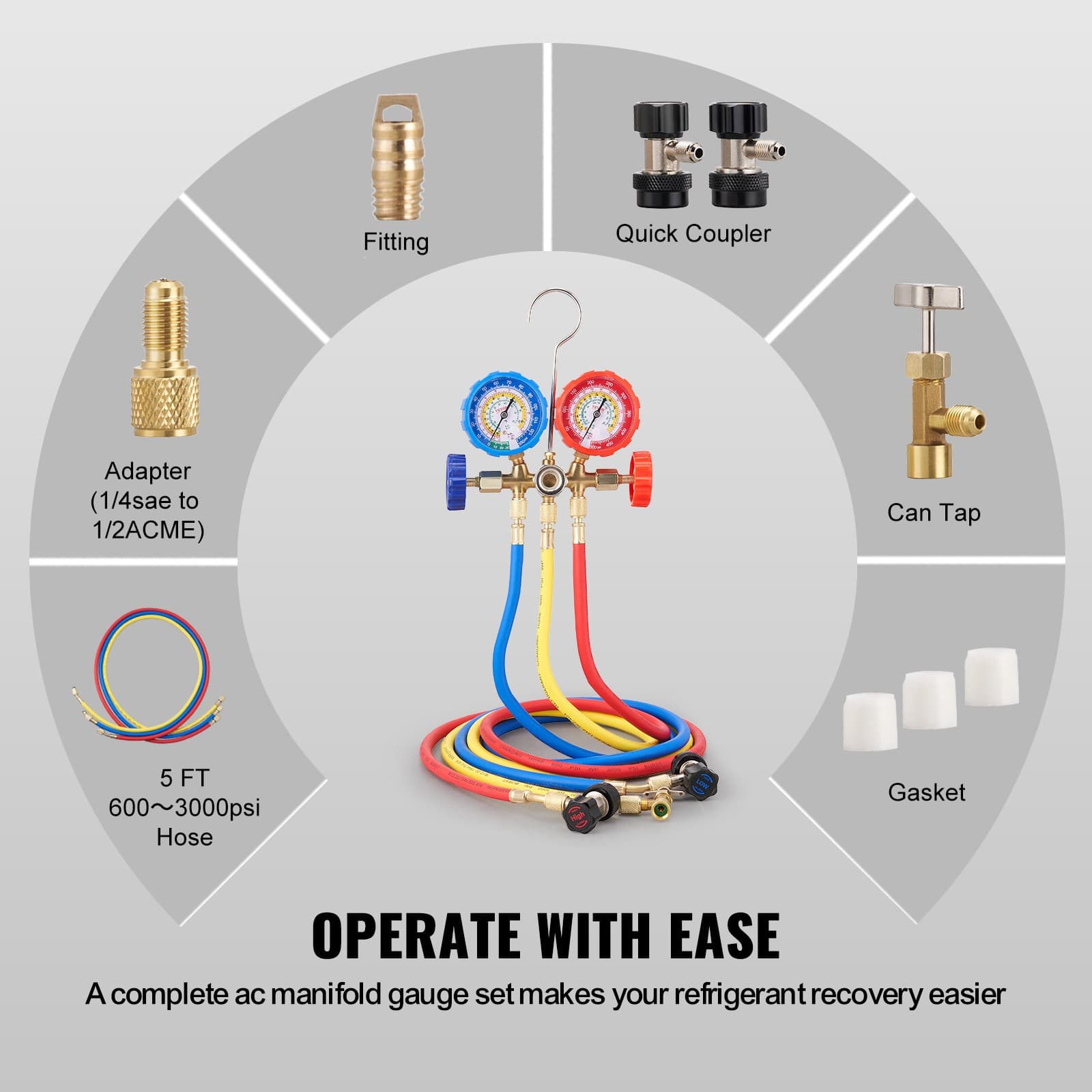 AC Manifold Gauge Set 3-Way Fit R134A R12 R502 Refrigeration Charging 6