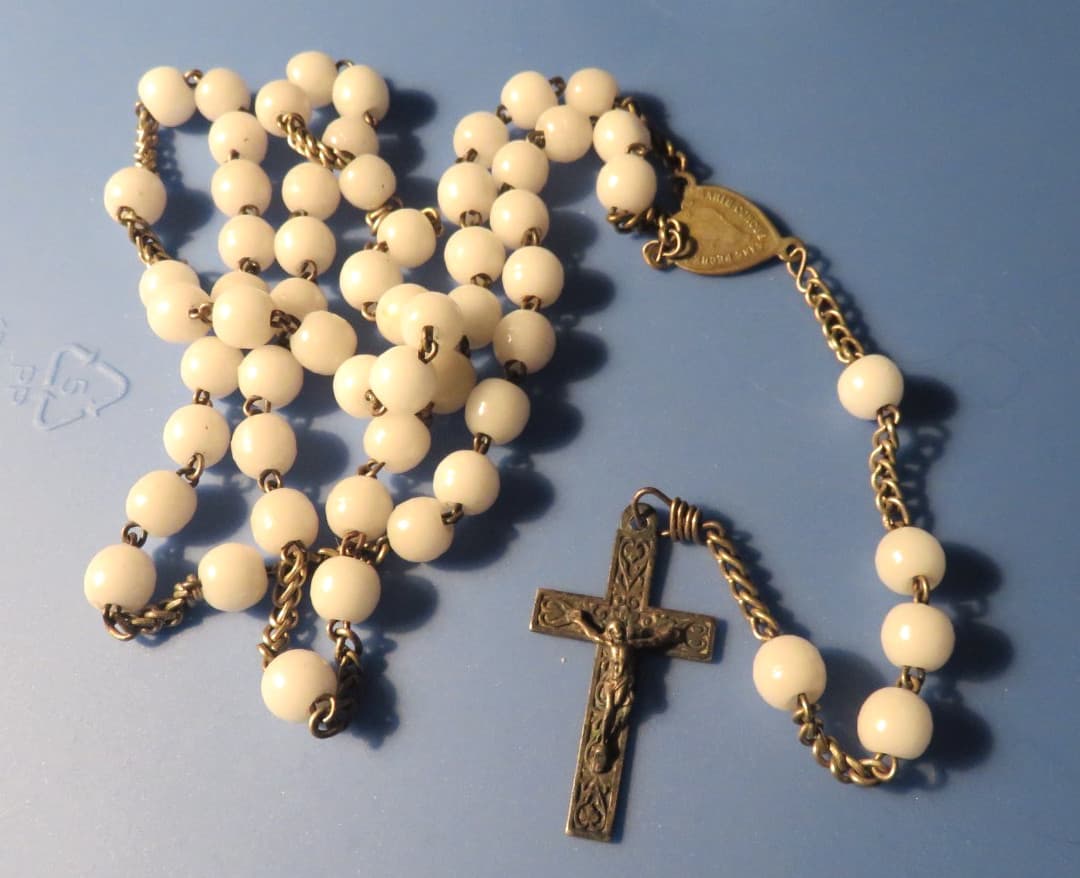 Old French Rosary White Glass Beads Virgin Mary Center Medal
