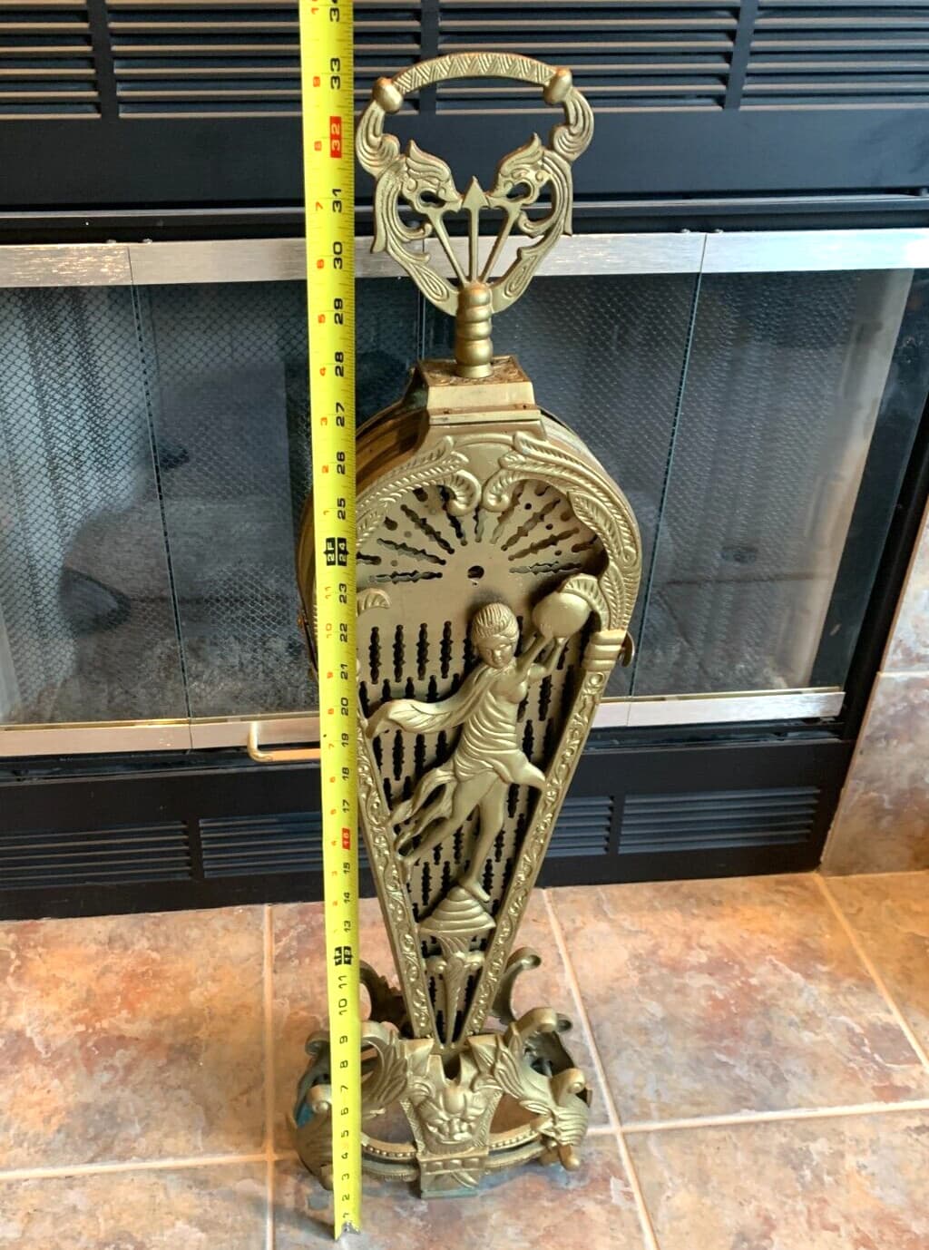 VINTAGE BRASS ART DECO LADY FIREPLACE SCREEN PEACOCK HEARTH FAN PATINA 48" WIDE 6