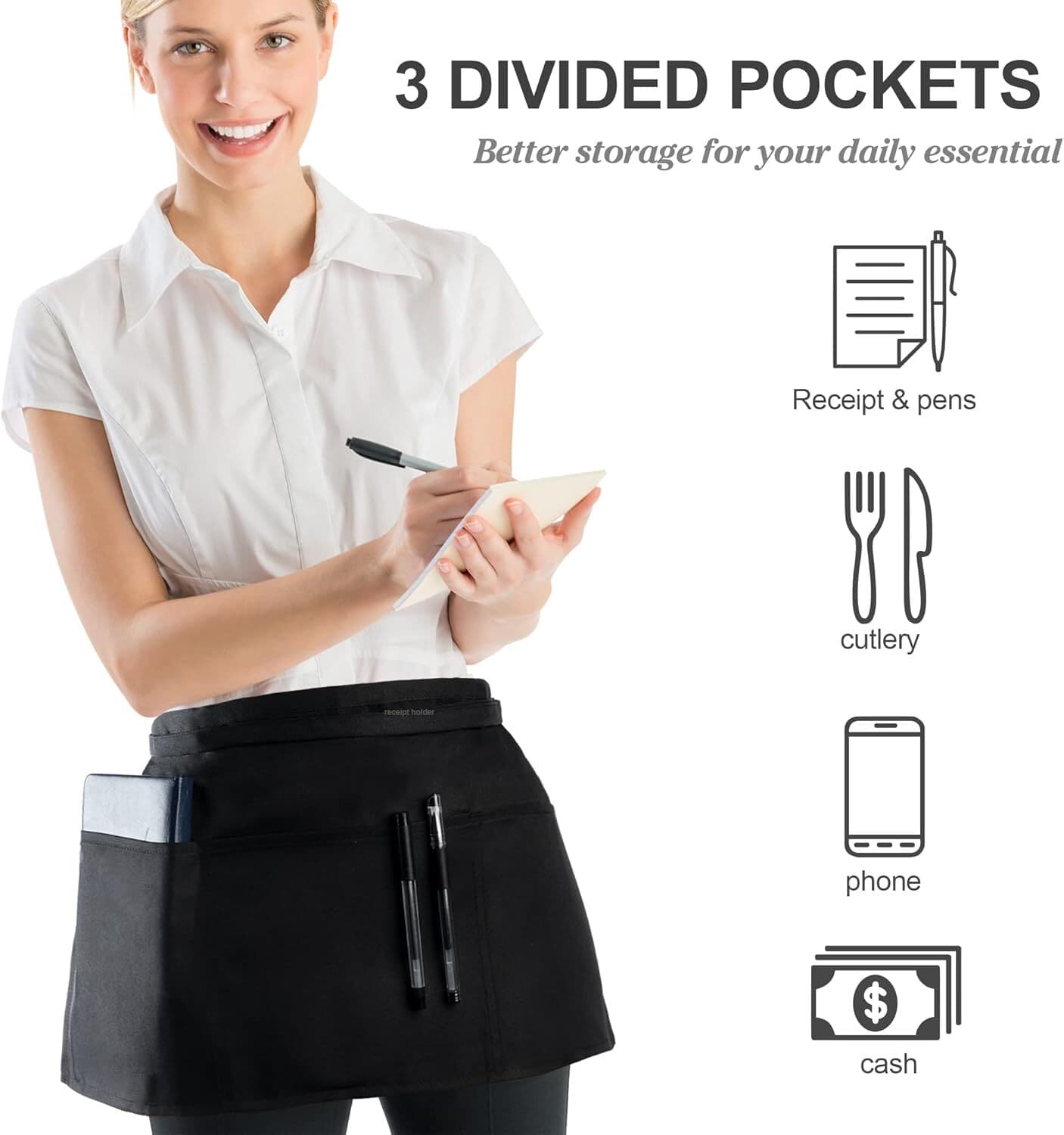 2 Pack Waitress Apron With 3 Pockets - Black Server Aprons - Waiter Short Hal... 3