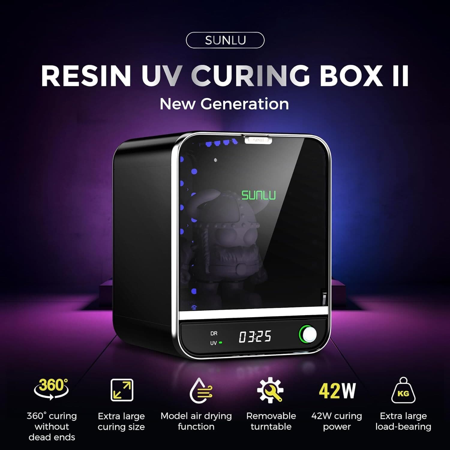 SUNLU Resin UV Curing Box II,42W Power,Removable Turntable,360° Curing,White 2