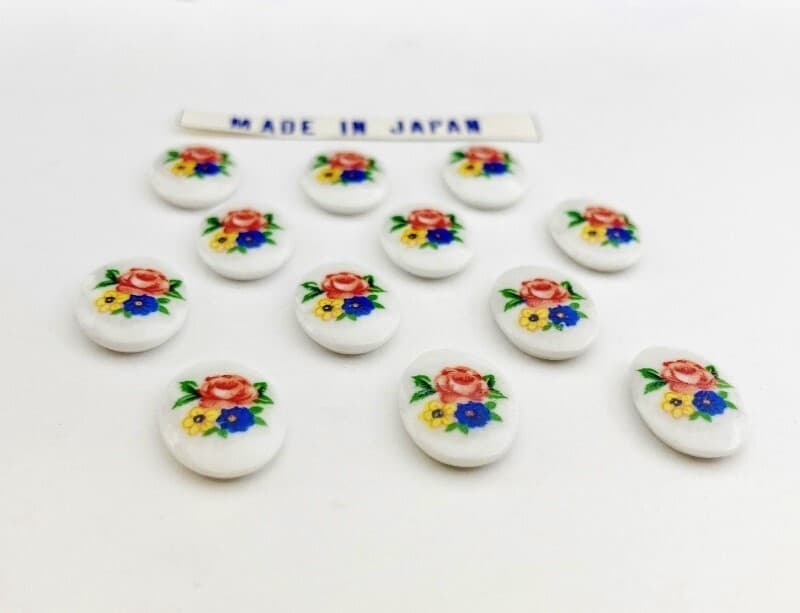 12 Vintage Japan Glass Pink Rose, Yellow & Blue Flowers 14x10mm. Oval Cameos 372 3