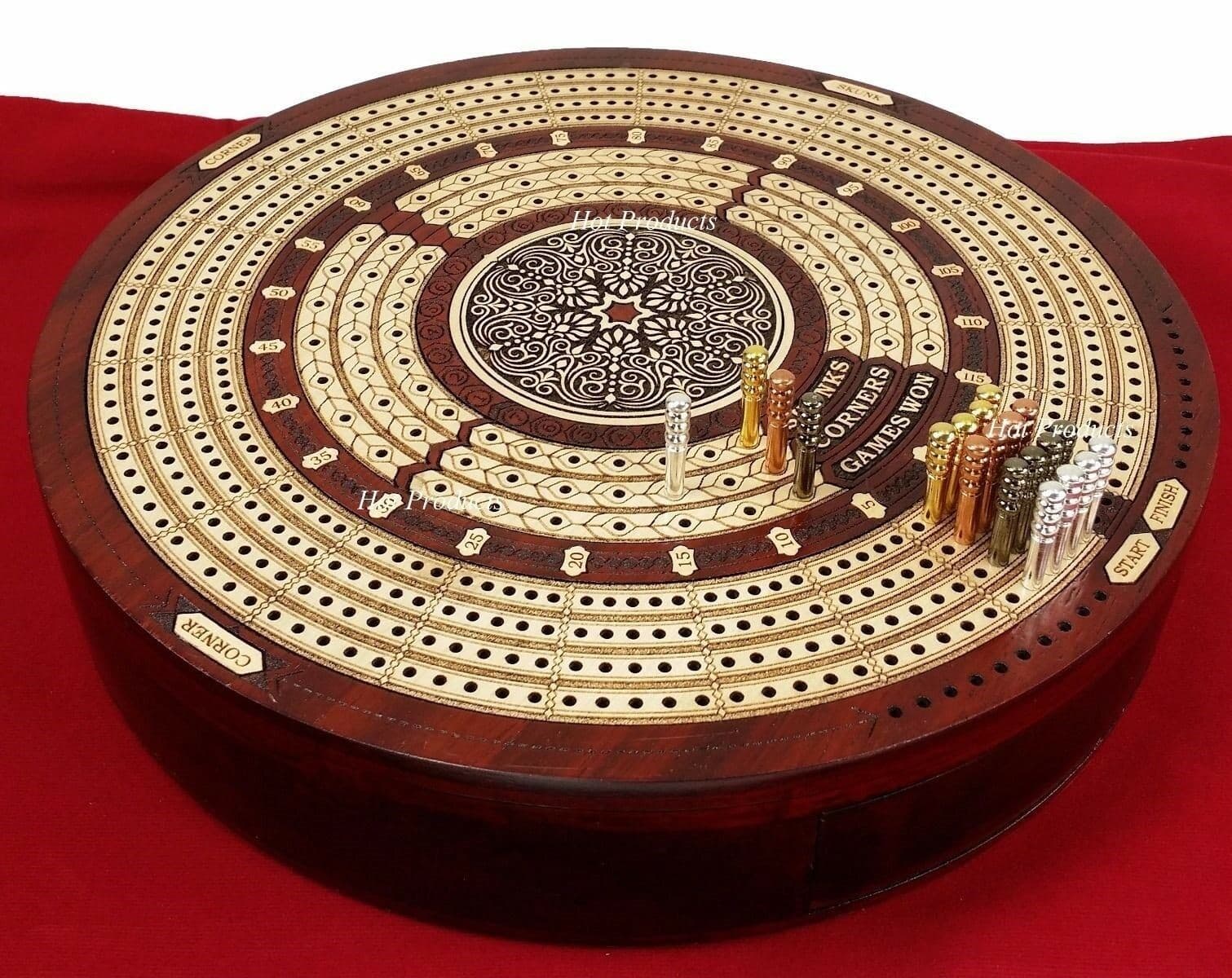 4 TRACK ROUND Continuous Cribbage Board Metal Pegs BLOODWOOD Skunks & Corners 3