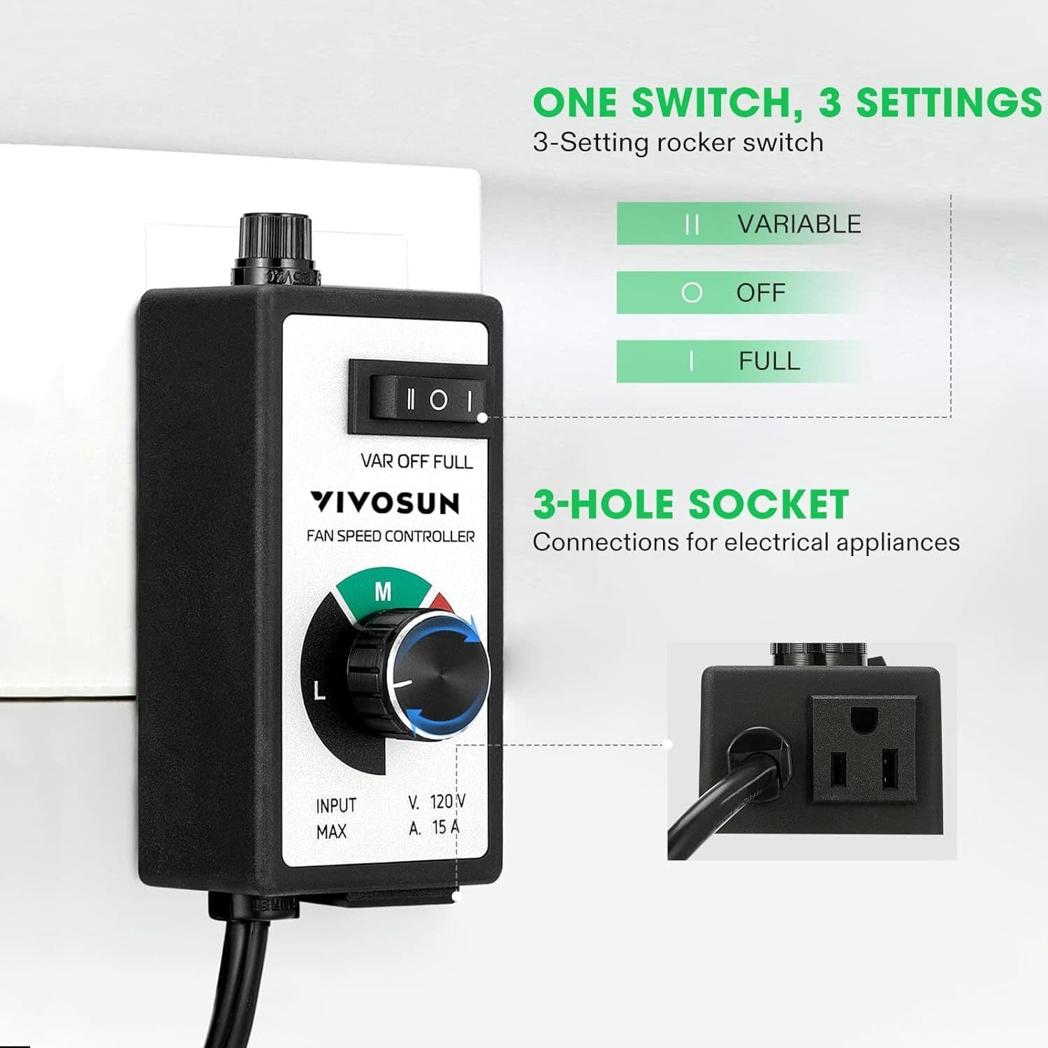 VIVOSUN 1500W Variable Speed Controller Electric Motor AC 120V for Inline Fan 4