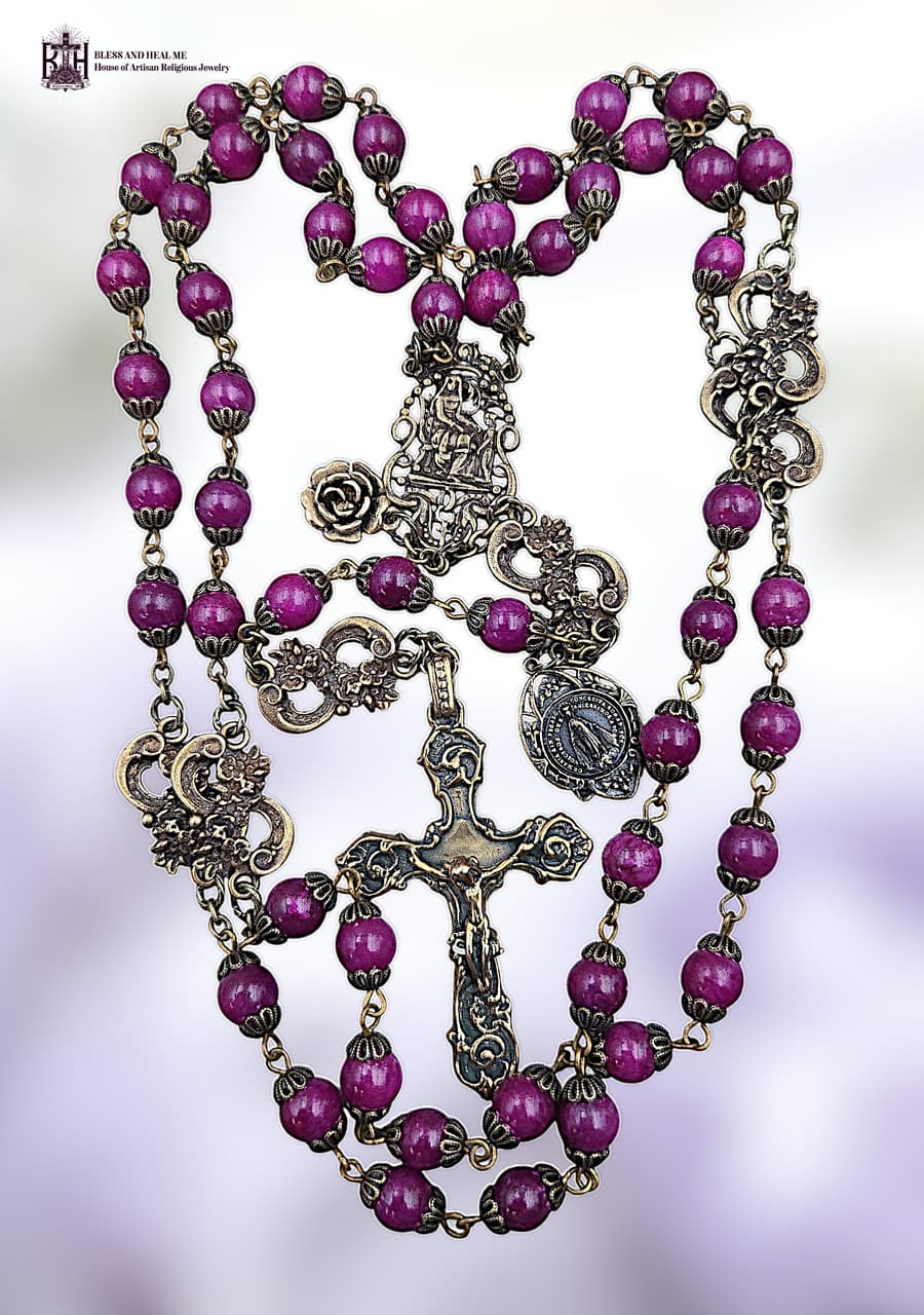 St Anne & Miraculous Mary Heirloom Rosary | Heritage Bronze| Magenta Jade