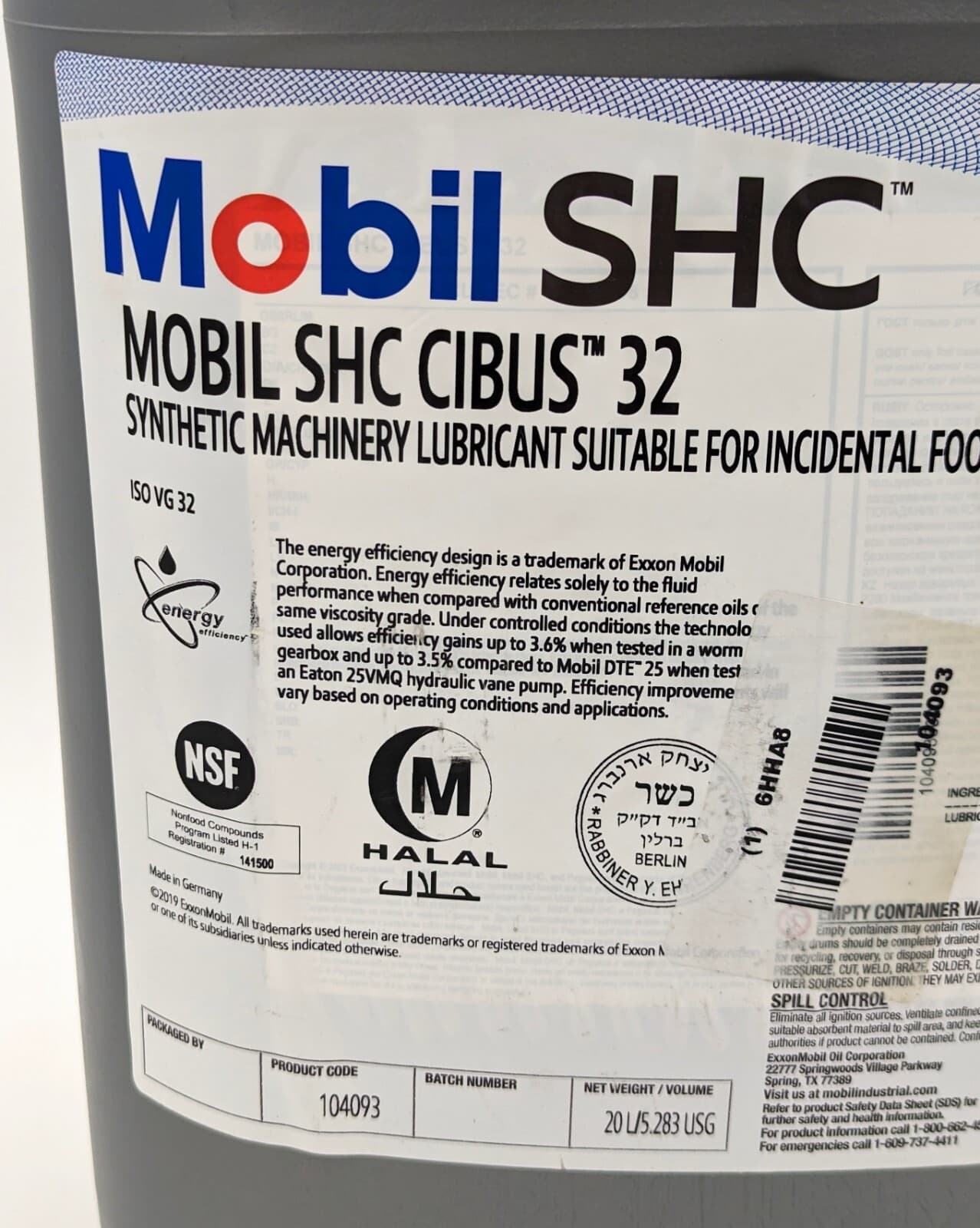 Mobil 104093 SHC Cibus 32 NSF H1 Hydraulic Oil, 5 Gal., 32 ISO Viscosity, 10 SAE 4