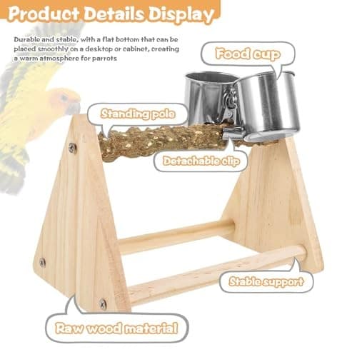 Parrot Play Wood Stand with Feeder Cups, Bird Grinding Perch Bird Perch Stand 6