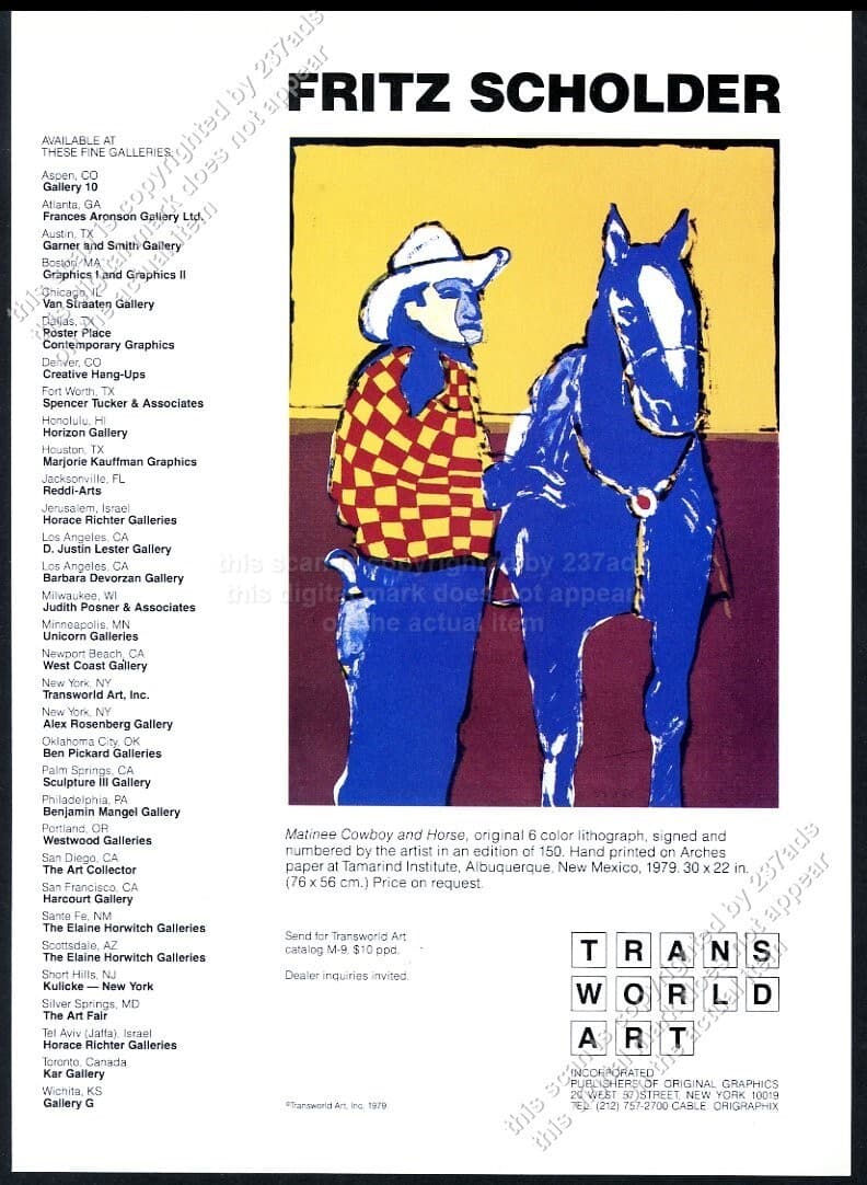 1979 Fritz Scholder Matinee Cowboy and Horse art Transworld vintage print ad