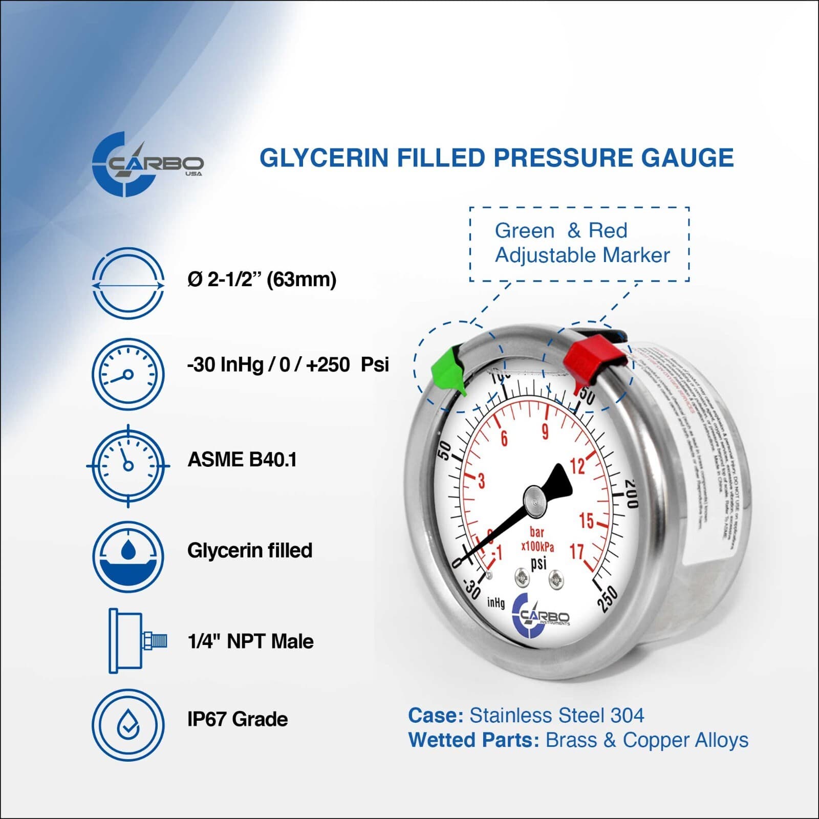 2.5" LIQUID FILLED COMPOUND VACUUM GAUGE +30 Hg/+250 PSI STAINLESS CASE BACK MNT 2