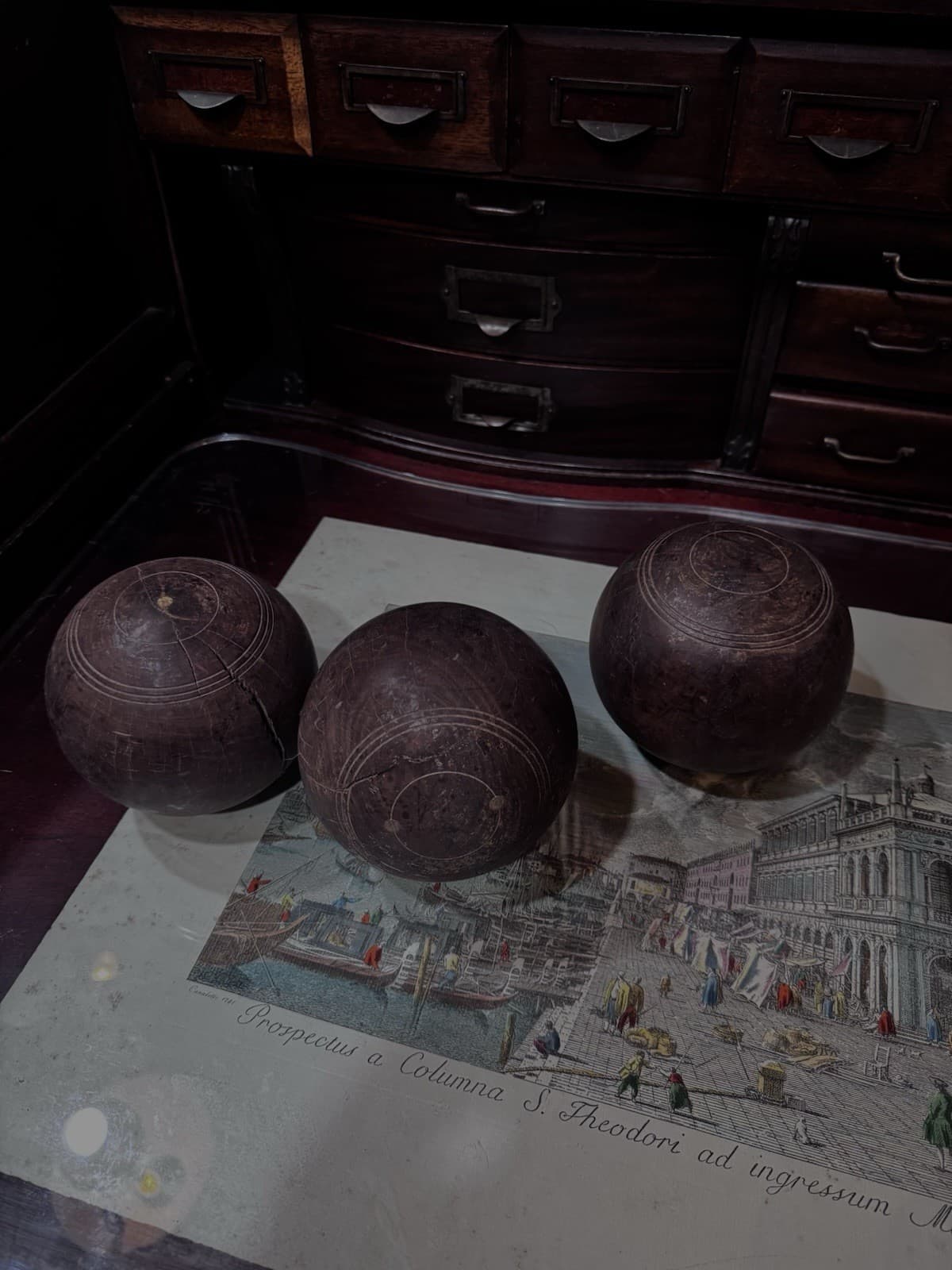Antique English WOOD LAWN BALLS Set Of 3 DECOR