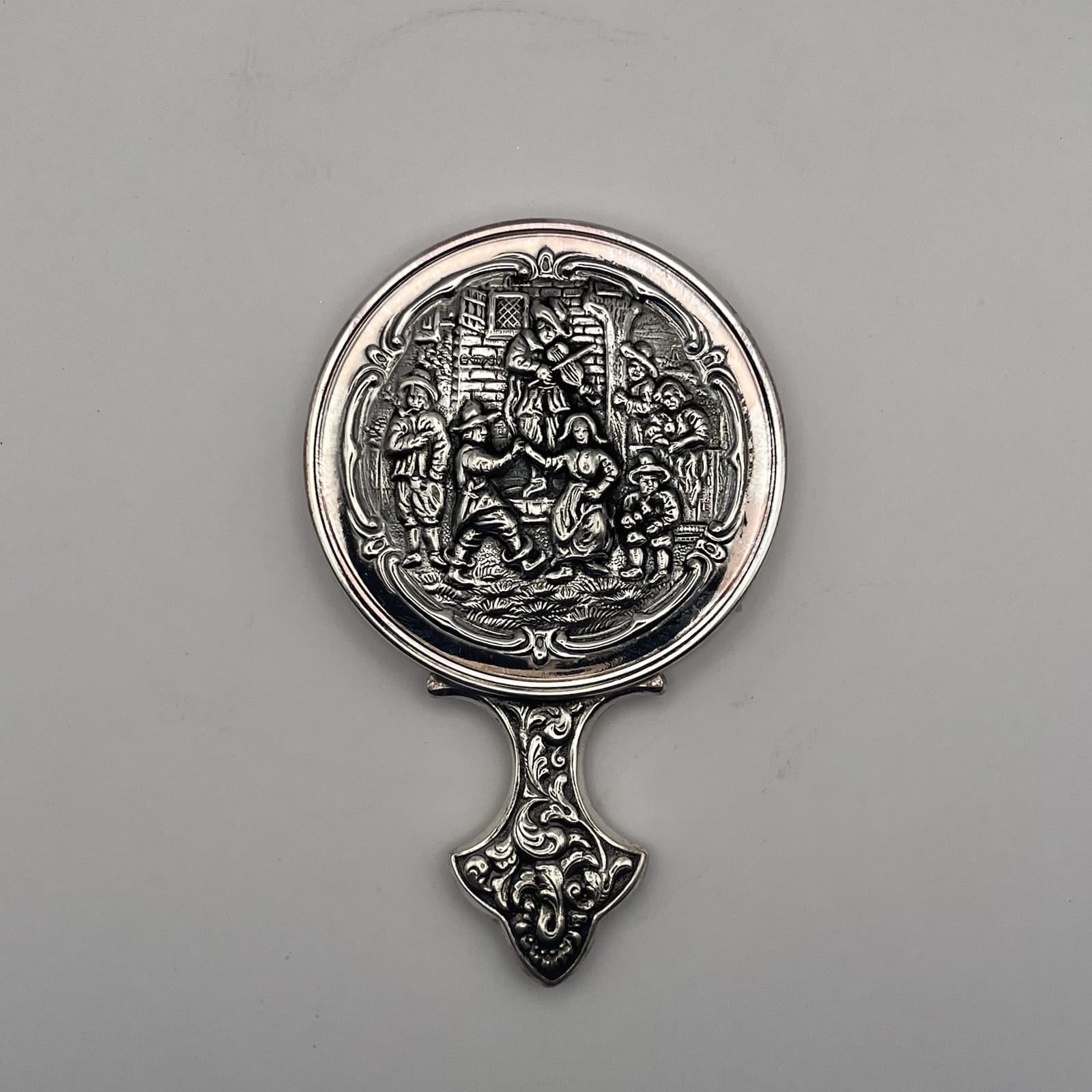 Antique Dutch Silver Hand Mirror With Repoussé Dancing Musicians Scene