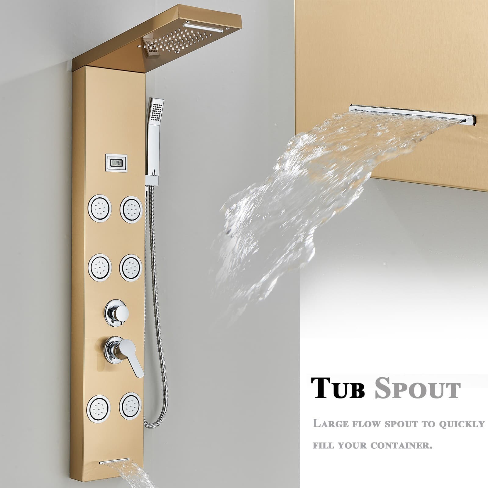 Brushed Gold Rain Waterfall Shower Panel Tower System Body Massage Jets Faucet 6