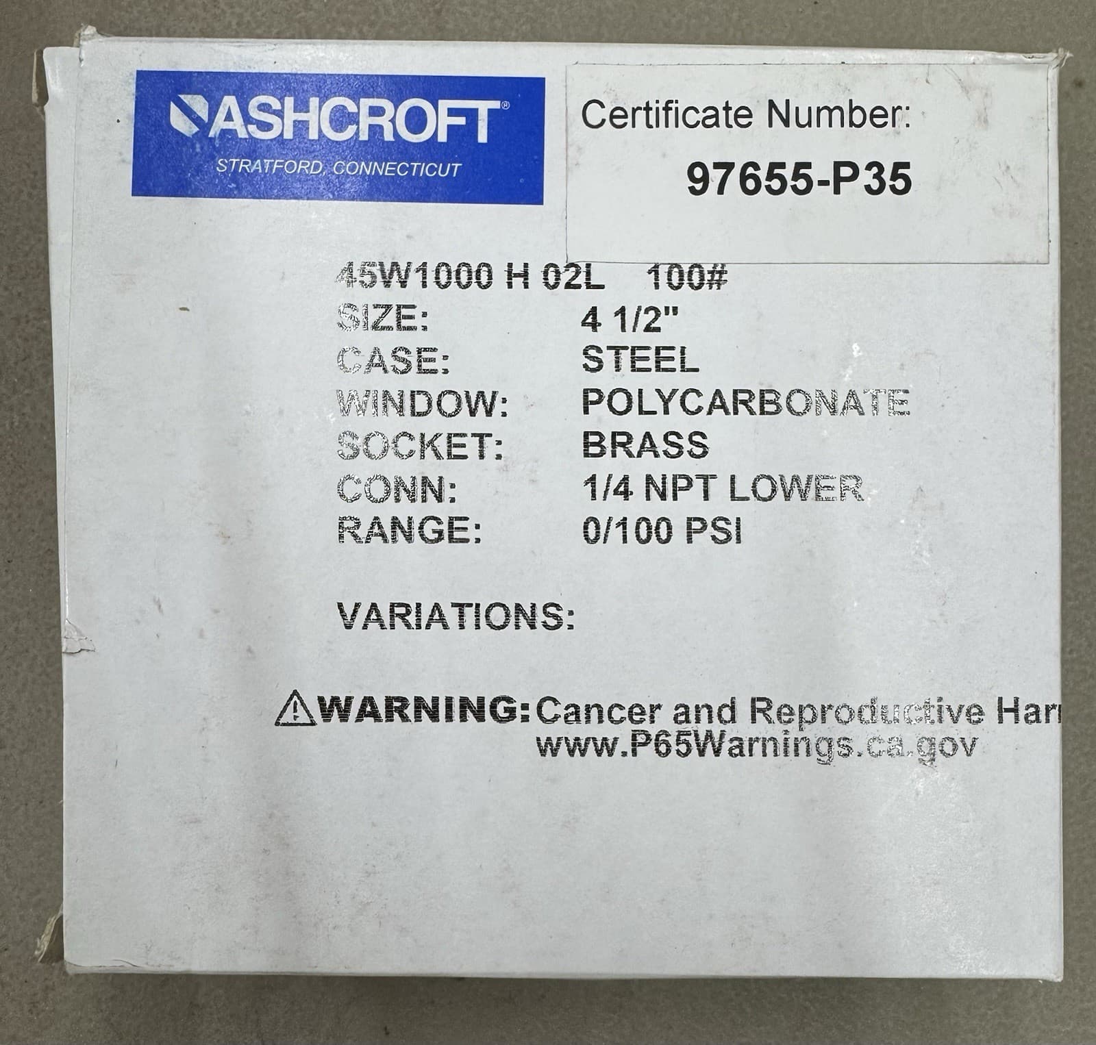 LOT OF 4 ASHCROFT 45W1000 H 02L 100# PRESSURE GAUGE 4-1/2" 0-100PSI, 1/4" NPT 2