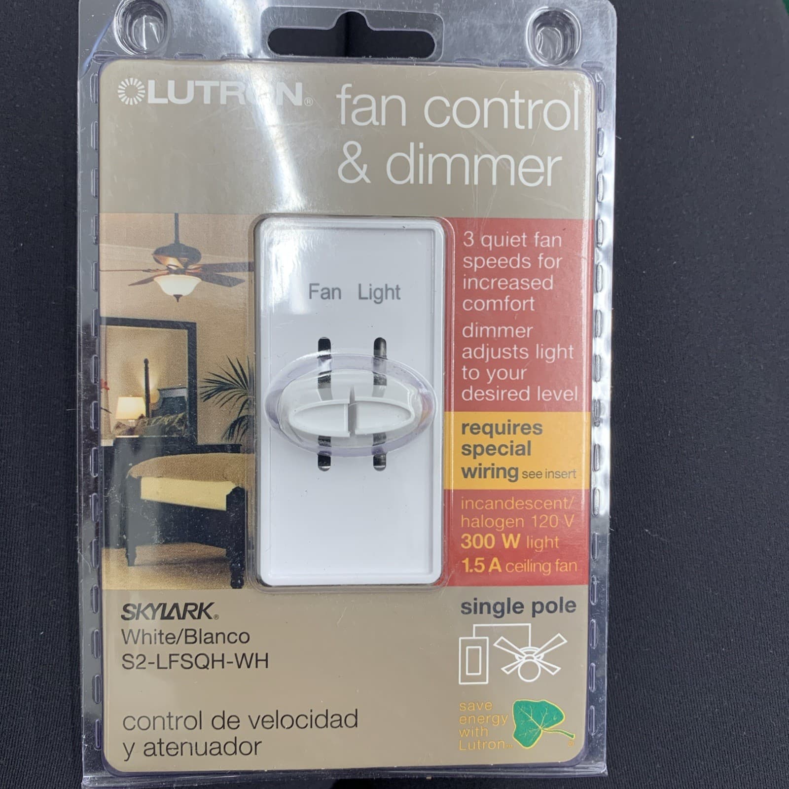 Lutron Skylark S2-LFSQH-WH Single Pole, Fan Control & Dimmer (White) 300W 1.5A