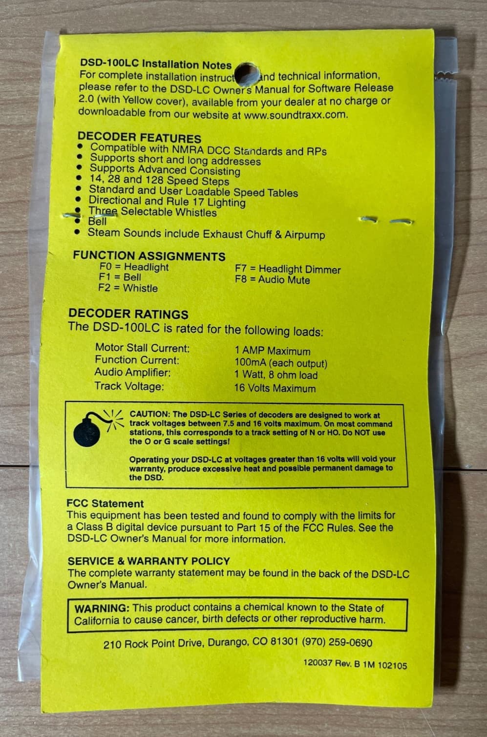 850 - HO/N Scale Soundtraxx 1 Amp Decoder DSD-100LC #820001 Steam 2
